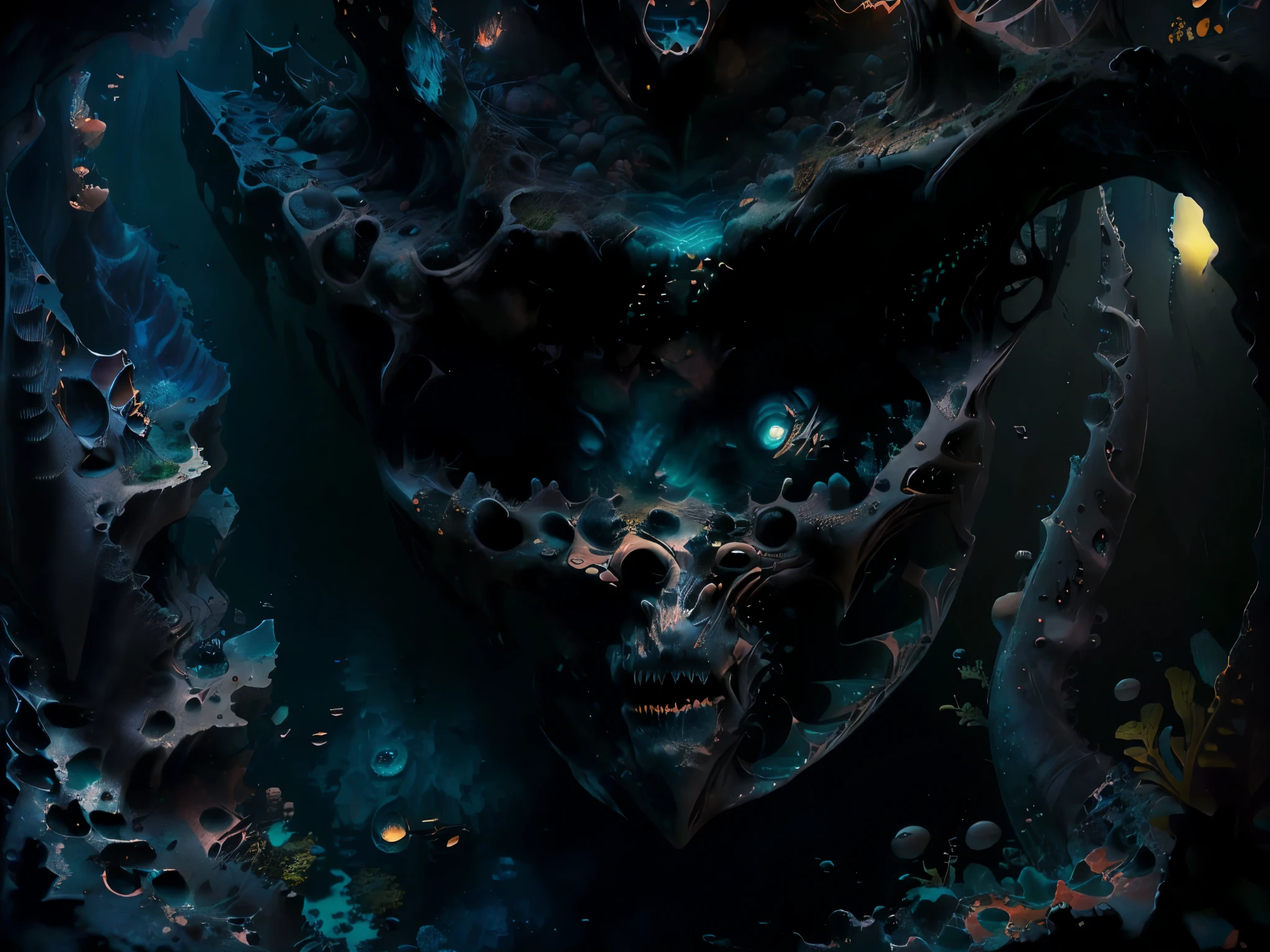 ((ocean depths:1.5)), ((highly detailed scary deep ocean animals:1.5 highly detailed bioluminescent animals:1.5 under the sea:1.4)). ((cliffs marine animals and marine plants on the seabed:1.5)),((Imaginative scene)),((perfect, meticulously detailed.:1.3)), ((full shot: 1.4)), ((Best quality )), ((Masterpiece)), 3D, (hyper detailed HD: 1.3), ((epic scenery: 1.3)), ((deep dark background: 1.3))), (((seabed darkness: 1.2 ))) , (photorealistic: 1.4), ((Front camera)),( (Low-light night movie lighting: 1.2)).32k.