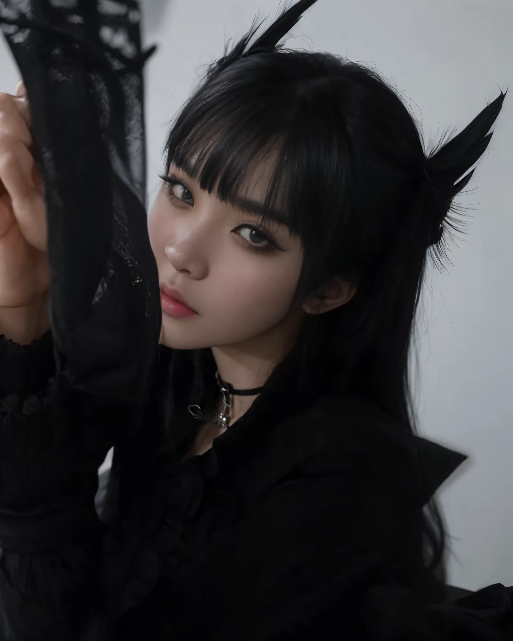 a close up of a person holding a black object in their hand, cruel korean goth girl, she has black hair with bangs, black hair black cat ears, 1 7 - year - old anime goth girl, goth girl aesthetic, iu lee ji-eun as a super villain, 1 7 - year - old goth girl, ulzzang, portrait of a goth catgirl