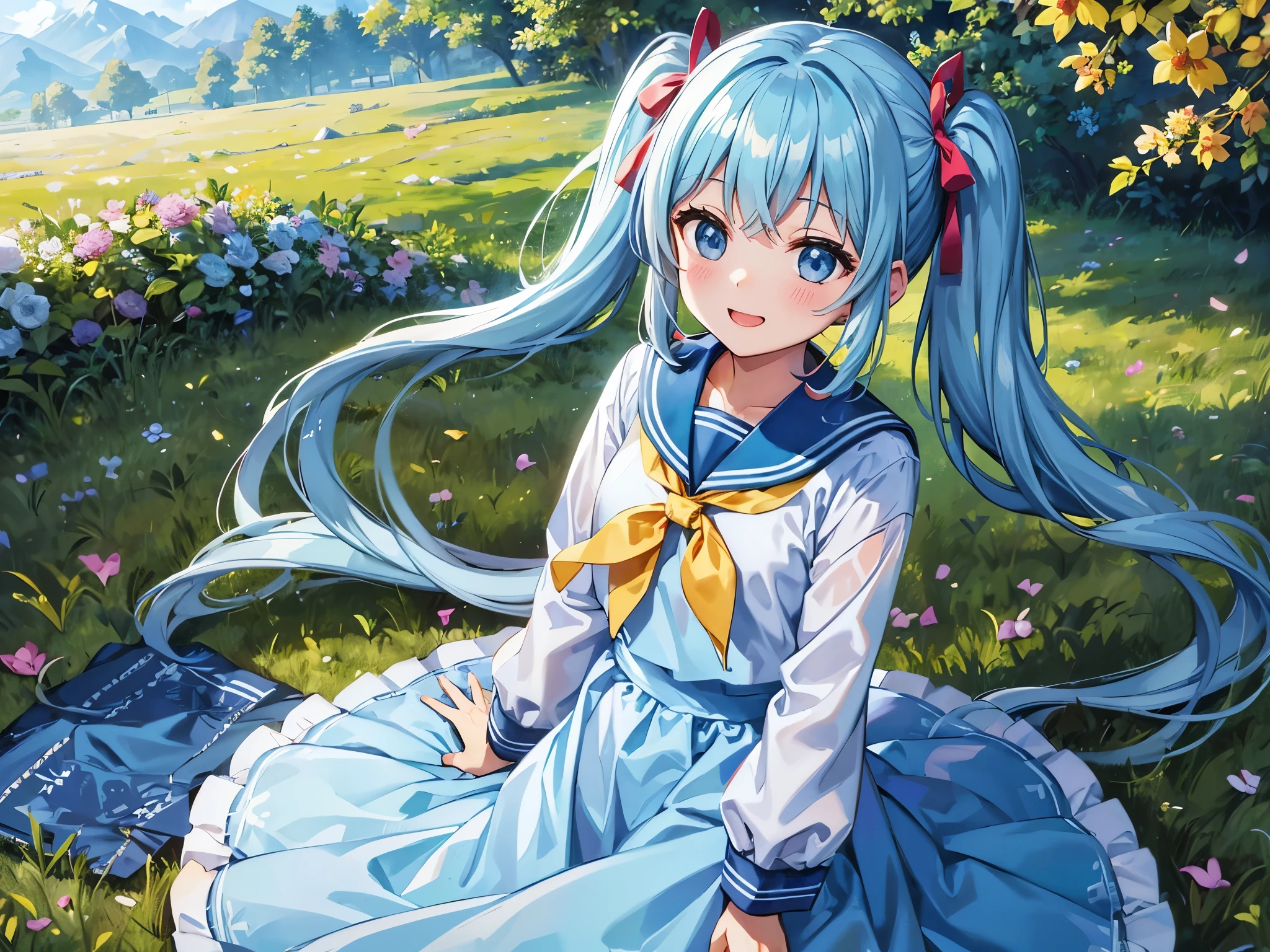 ((highest quality)), light blue long hair Beautiful girl with twin tails A field full of flowers々In the schoolyard、Wearing a navy blue sailor suit,Talking happily with friends、A happy smile(masterpiece),