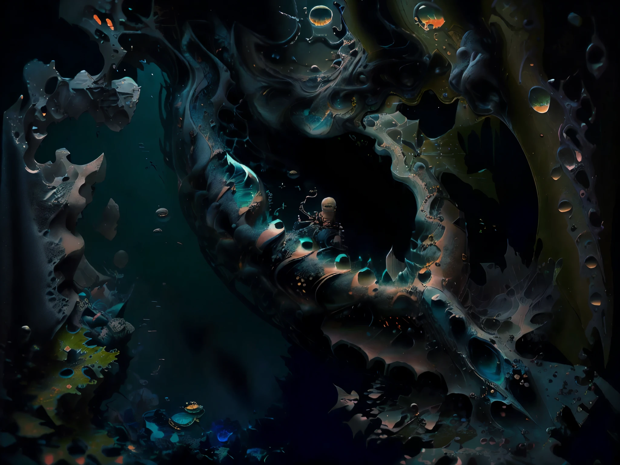 ((ocean depths:1.5)), ((highly detailed scary deep ocean animals:1.5 highly detailed bioluminescent animals:1.5 under the sea:1.4)). ((cliffs marine animals and marine plants on the seabed:1.5)),((Imaginative scene)),((perfect, meticulously detailed.:1.3)), ((full shot: 1.4)), ((Best quality )), ((Masterpiece)), 3D, (hyper detailed HD: 1.3), ((epic scenery: 1.3)), ((deep dark background: 1.3))), (((seabed darkness: 1.2 ))) , (photorealistic: 1.4), ((Front camera)),( (Low-light night movie lighting: 1.2)).32k.