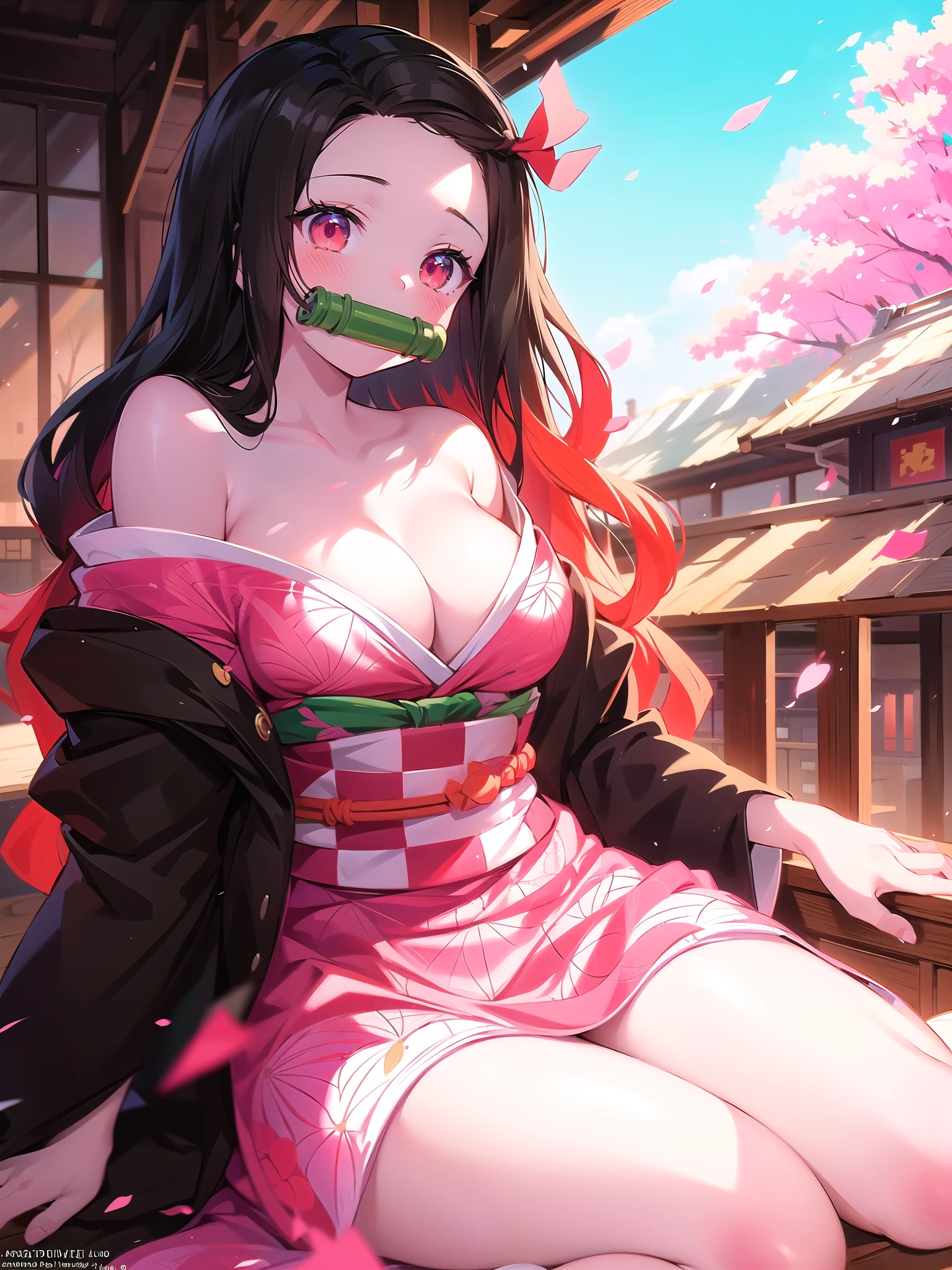 anime girl with a green gag sitting on a window sill, nezuko-chan, nezuko, trending on artstation pixiv, guweiz on pixiv artstation, demon slayer rui fanart, artwork in the style of guweiz, guweiz on artstation pixiv, onmyoji portrait, zerochan art