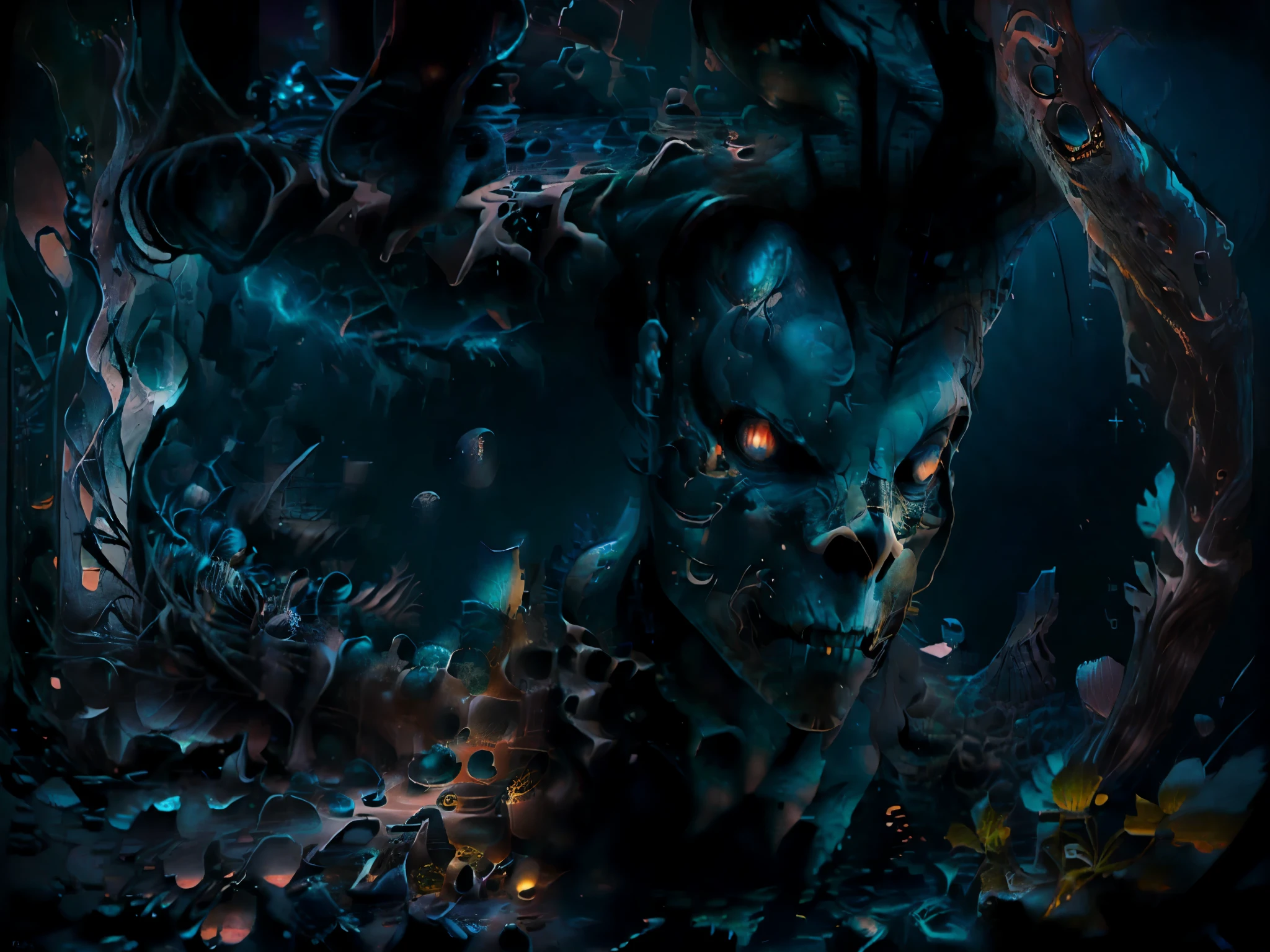 ((ocean depths:1.5)), ((highly detailed scary deep ocean animals:1.5 highly detailed bioluminescent animals:1.5 under the sea:1.4)). ((cliffs marine animals and marine plants on the seabed:1.5)),((Imaginative scene)),((perfect, meticulously detailed.:1.3)), ((full shot: 1.4)), ((Best quality )), ((Masterpiece)), 3D, (hyper detailed HD: 1.3), ((epic scenery: 1.3)), ((deep dark background: 1.3))), (((seabed darkness: 1.2 ))) , (photorealistic: 1.4), ((Front camera)),( (Low-light night movie lighting: 1.2)).32k.