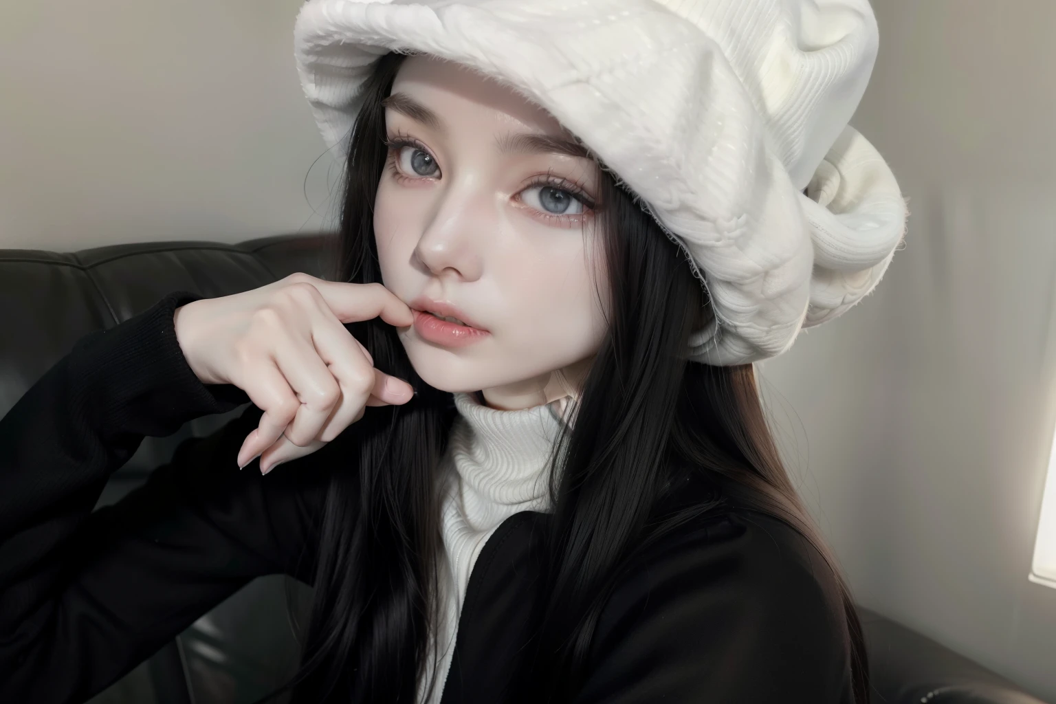 Asian woman with white hat and black sweater., pale, snow-white skin, extremely pale white skin, pale gothic beauty, (12x) extremely pale white skin, very pale white skin, pale white skin, very very pale white skin, pale white face, Anna Nikonova aka Newmilky, very very very pale white skin, pale and light skin!!