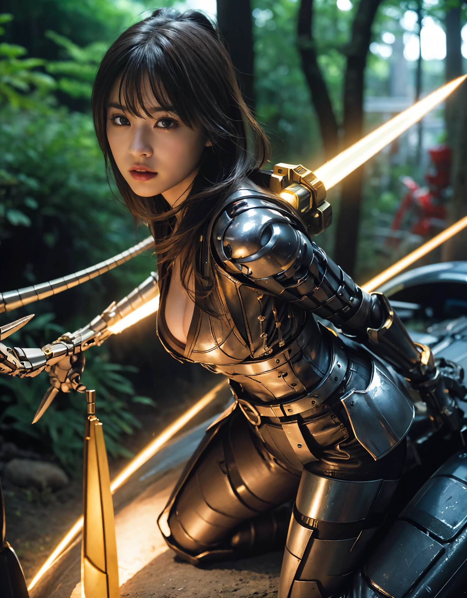 ((battle with monsters))、highest quality、masterpiece、ultra high resolution、(Photoreal:1.4)、RAW photo、1 girl、golden hair、glowing skin、(((1 Mechanical Girl)))、with a beautiful knife、（Blue Metal Bodysuit）、(beautiful forest background)、(battle with monsters)、(Small LED)、((Ultra realistic details))、vertical giant monster background),global illumination、Shadow、octane rendering、8k、super sharp、big breasts、The bare skin of the cleavage is exposed、Metal、intricate decorative details、Japan details、very intricate details、realistic light、Trends in CG society、red eyes、Eyes shining towards the camera、Mechanical vertebrae attached to back with mechanical edge blood vessels connected to neon details tubes、cervical vertebrae mechanically attached to the neck、(Wires and cables connecting to the head)、gundam、Small LED、,mechanical thighs、2 stocks、（Hands are also made of machineonster attack）、（injured in a deadly fight）、