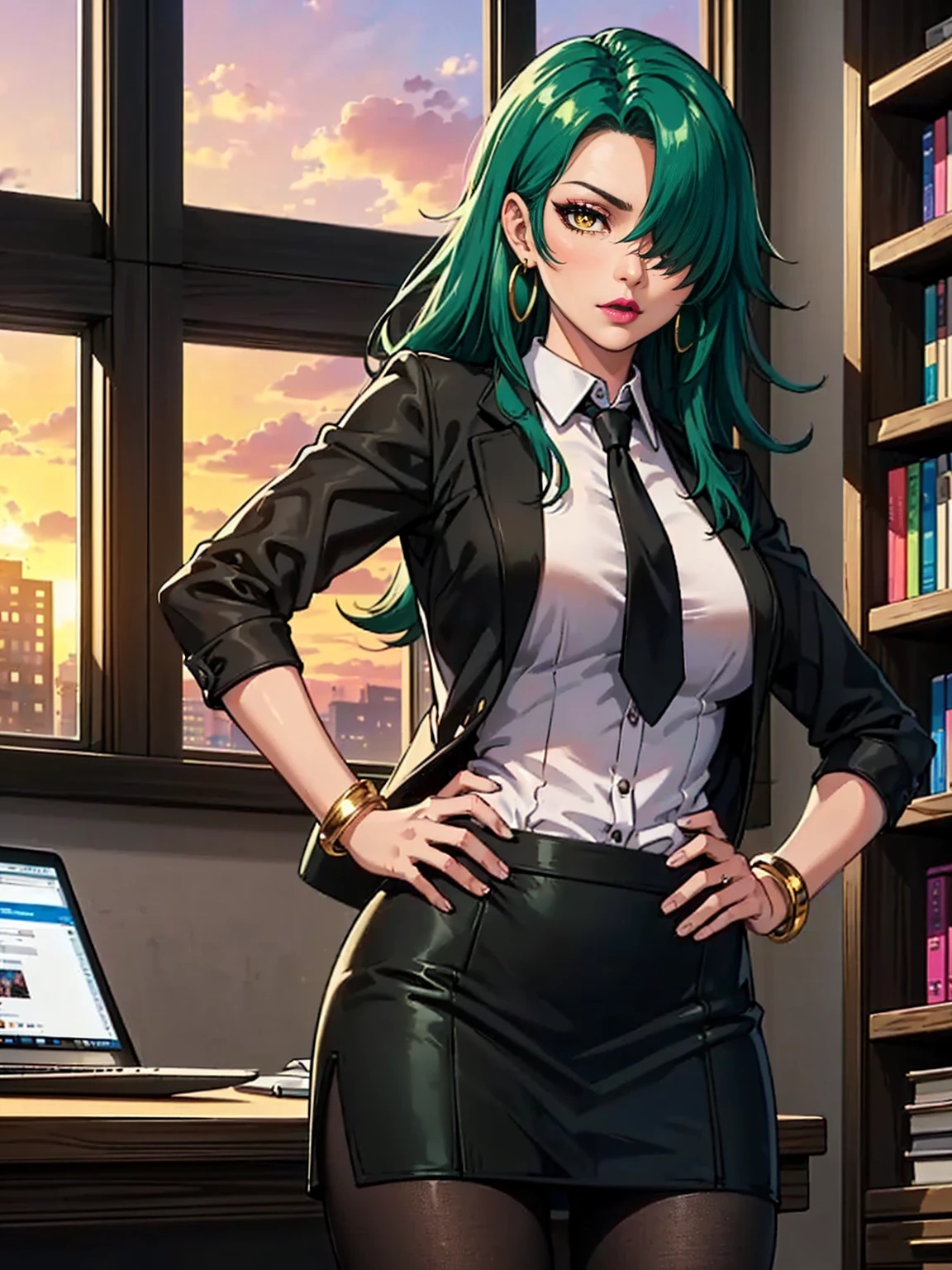 ((1girl, solo ,alone, long hair, green hair, yellow eyes, hair covering one eye, woman, (one hand on her hip, one hand behind her head) , dynamic pose, muscular female, gold bracelets, ruby earrings)),((solo, (1woman, pink lipstick), Extremely detailed, ambient soft lighting, 4k, perfect eyes, a perfect face, perfect lighting, a 1girl)), austere, ((officelady, (businesswoman, tie), Black suit, Black tight skirt, White blouse, Black tights, Office, lana, Beautiful woman, gazing at viewer, Looking here, hight resolution, top-quality, animations, illustratio, office, penthouse, executive room, large window, landscape of a metropolis, sunset, clouds)), documents, books, table, shelves, pencil holder, computer
