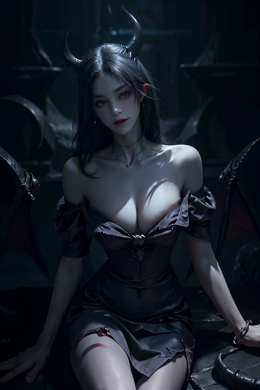 short sleeves,off shoulder, dress, Beautiful devil woman from hell, (in the darkness: 1.6), Surreal female portrait by David Hockney and Alphonse Mucha, fantasy art, korean doll, photorealism, dynamic lighting, art station, poster, Volumetric lighting, The facial details are very rich, 8k, in the darkness, deep shadow, low pitch, (knee shot), long hair, black hair, luxurious palace, royal style, Demon Crown, Red eye makeup is very sharp and detailed, the most beautiful face, normal breast, Surreal, charming smile, Eye makeup is very good, Gurwitz, devil style, red and black lips, Devil tattoo on shoulder, The weather is gloomy and thunderous, (portrait), Protagonist close-up, (Background details 1.8),nude ,show tits