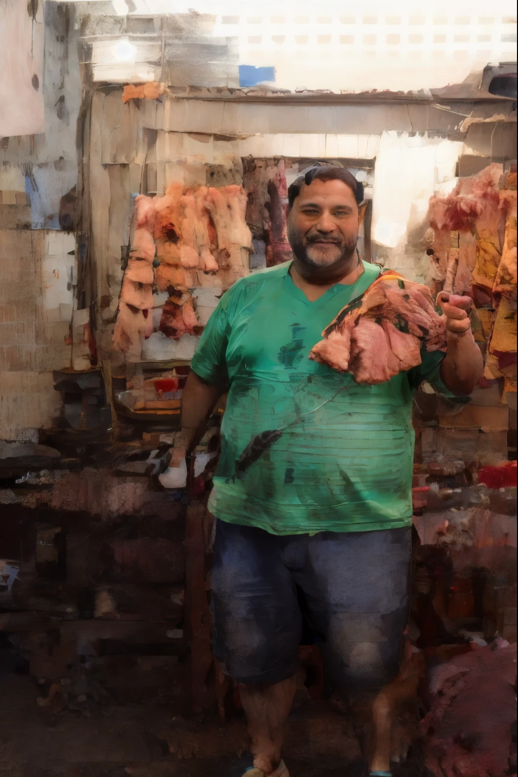 homem pardo, pouco acima do peso, pouco cabelo, barba falhada, happy man holding two big pieces of meat on skewer.