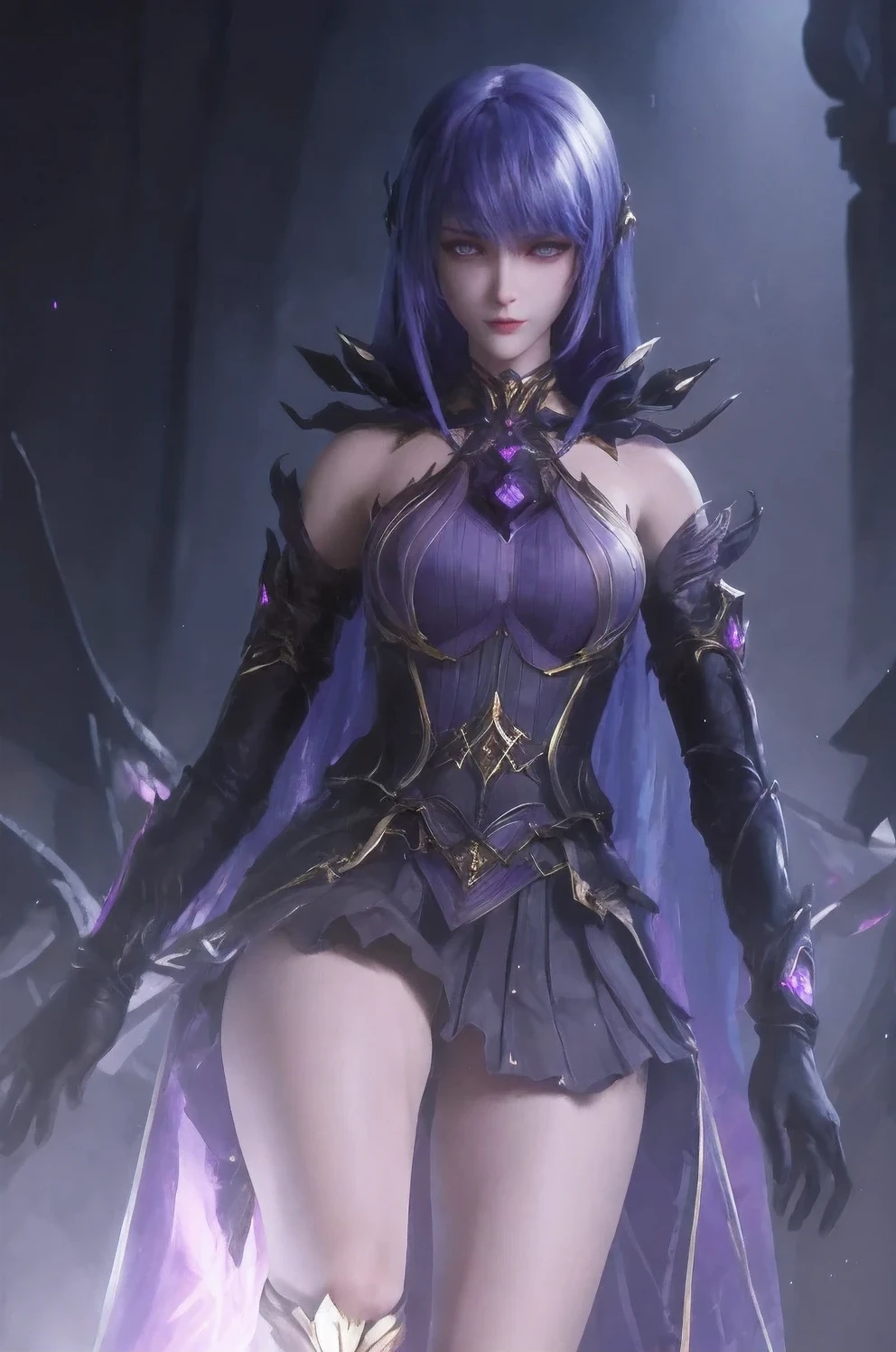 Masterpiece, Best Quality, 1girl, Official, Purple Eyes, Purple Hair, Bustiness, Cowboy Shot, Looking at the Audience, Dark, (Darkness), Cinematic Light, Edge Light, Delicate Eyes, (pureerosface_v1:0.5), Looking at the Audience, (Realisticity: 1.2), Provocative, Honkai Star Track, Cross-legged, Arrogant, Bangs Evil Face, Apocalyptic Background