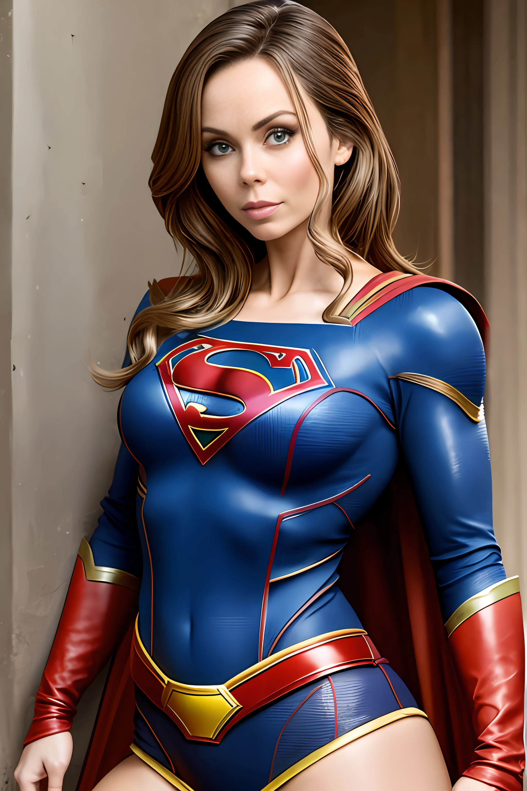 Laura Vandervoort, defined body big breasts, wearing Supergirl