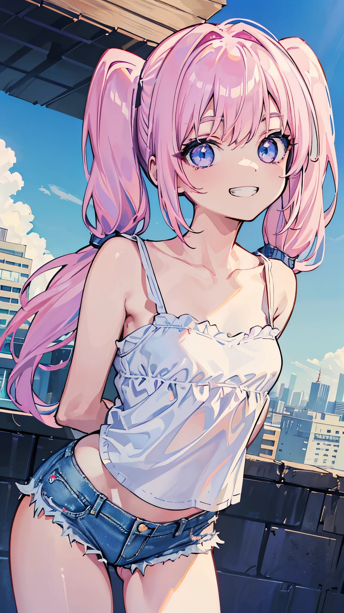 (8K、Top image quality、top-quality、masterpiece)、1 、Pink hair、Long to Side Up、light blue eyes、(smirk grin)、Smaller chest、White camisole、denim micro short shorts、(over kneehighs)、Put your hands on your hips、cowboy shot、City background