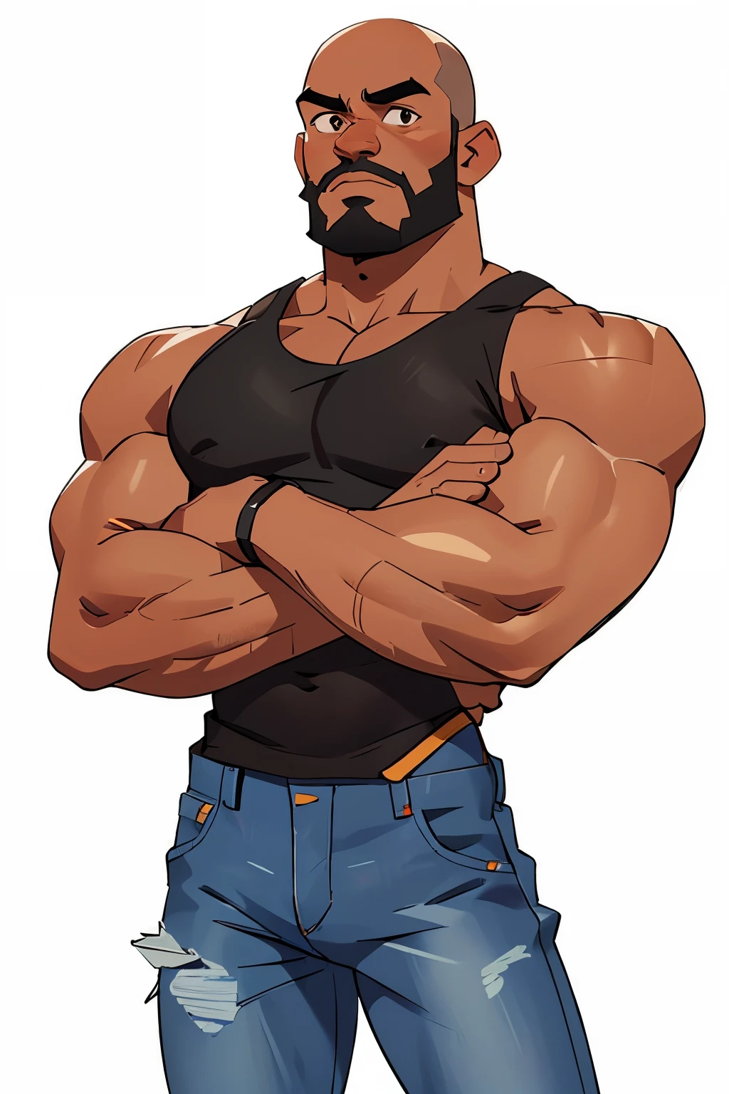 handsome, masterpiece, white background, plain background, best quality, drawing of a chest up of a strong black man wearing a tank top and jeans jeans, bald and black beard and brown eyes, pose with arms at his sides