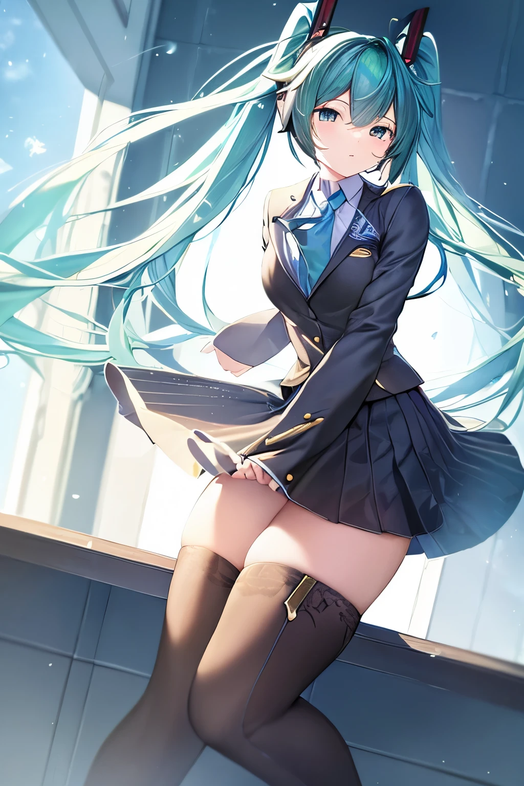 hatsunemiku, miku hatsune, ahoge, aqua eyes, aqua hair, crossed bangs, hair between eyes, hair ornament, headphones, long hair, twintails, BREAK aqua necktie, black footwear, black skirt, black sleeves, boots, collared shirt, detached sleeves, grey shirt, necktie, pleated skirt, shirt, skirt, sleeveless, sleeveless shirt, thigh boots, tie clip, BREAK looking at viewer, BREAK outdoors, city, BREAK (masterpiece:1.2), best quality, high resolution, unity 8k wallpaper, (illustration:0.8), (beautiful detailed eyes:1.6), extremely detailed face, perfect lighting, extremely detailed CG, (perfect hands, perfect anatomy),