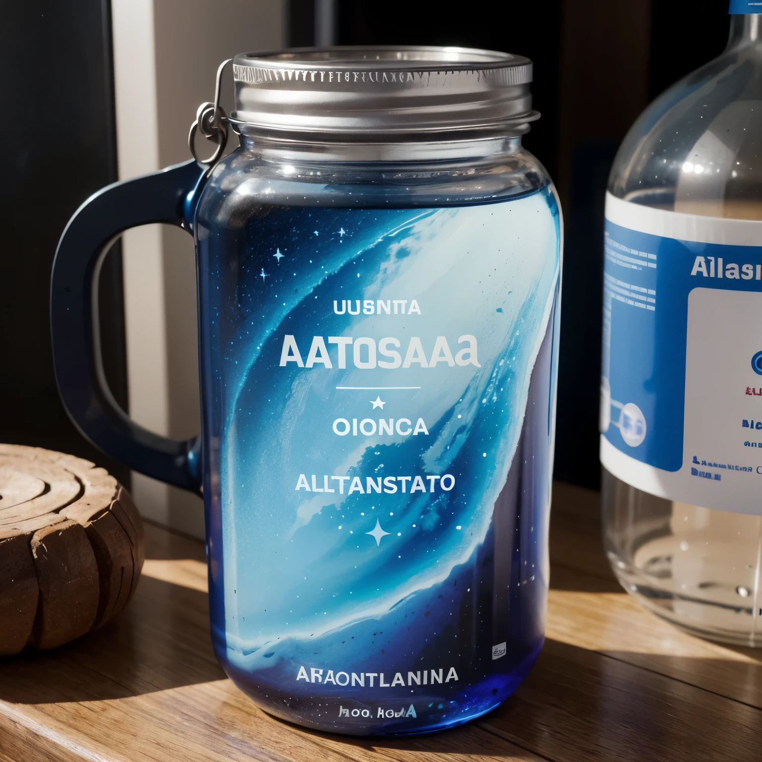 Una botella de agua, personalizada con un astronauta, con una tapa ostentosa que sea un filtro purificador 