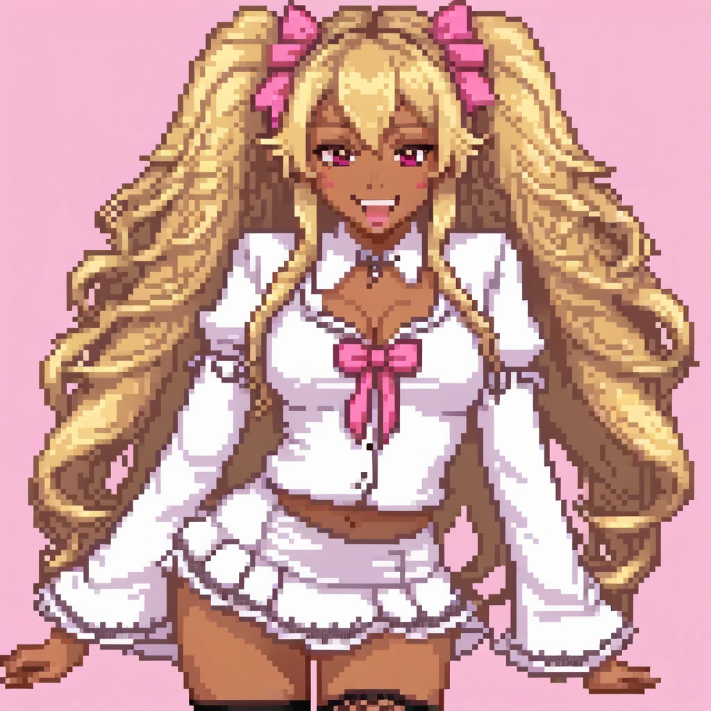 (pixel art:1.5)(solo, 1girl:1.5)gyaru, ganguro,blonde hair, twintails.long hair, ,brown eyes,medium breasts white shirt, microskirt pink g-string,evil grin, fang, open mouth, ornate border medium body, curvy body, dutch angle