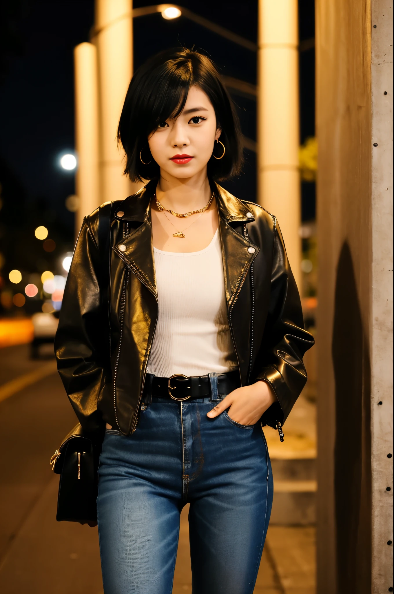 woman,one person,20th generation,boyish,shortcut,black hair,punk fashion,whole body,black mask,leather jacket,Slim fit jeans,Dr. Martens Boots,leather belt,
golden earrings,golden necklace,downtown at night,