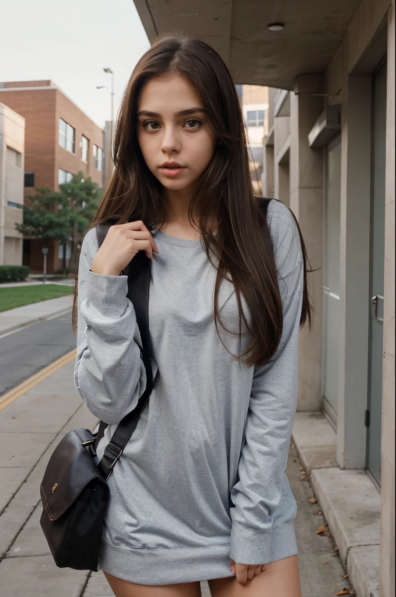 sexy girl in a college campus. Her name is Angelica. She has brown hair, has big eyes and big lips, long face. She wears sexy clothing. She has  a backpack.