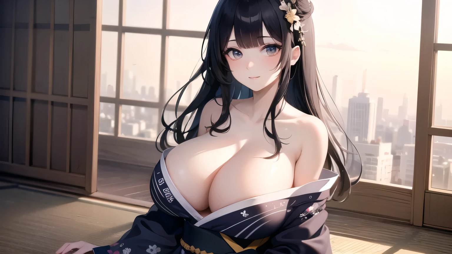 (((masterpiece, best quality))), (((superior quality))), cute girl, ((extremely detailed girl)), (huge breasts), (yukata), (bare shoulders), strapless top, slight smile