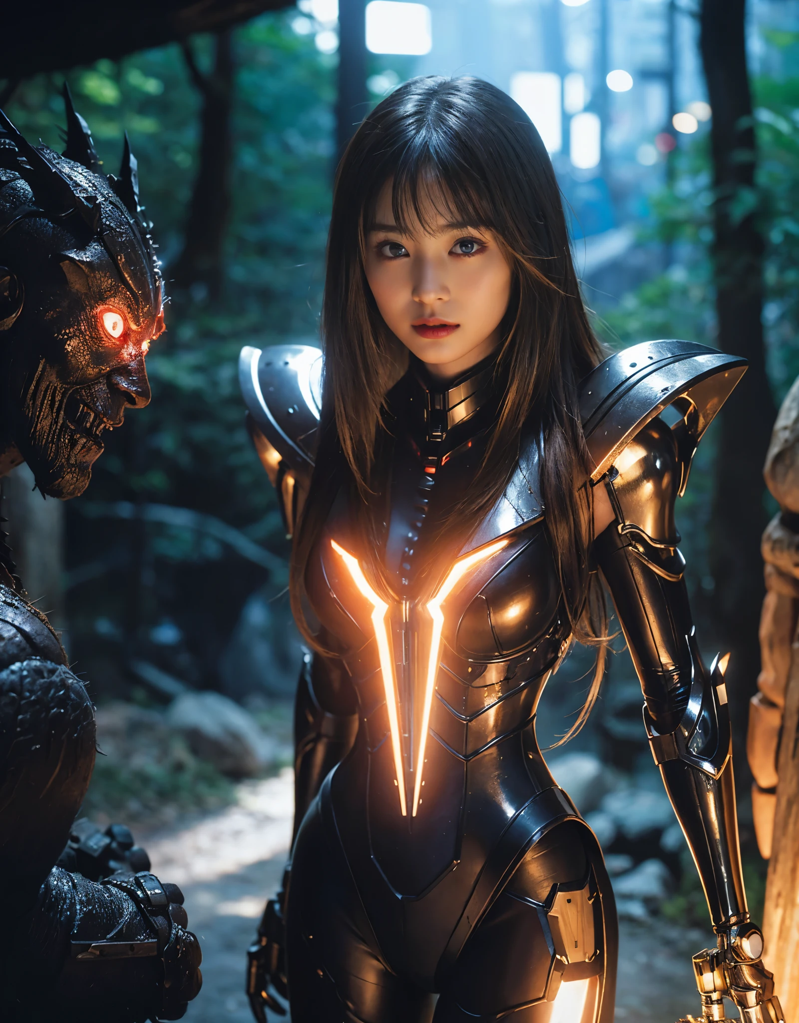 ((battle with monsters))、highest quality、masterpiece、ultra high resolution、(Photoreal:1.4)、RAW photo、1 girl、golden hair、glowing skin、(((1 Mechanical Girl)))、with a beautiful knife、(Blue Metal Bodysuit)、(beautiful forest background)、(battle with monsters)、(Small LED)、((Ultra realistic details))、vertical giant monster background),global illumination、Shadow、octane rendering、8k、super sharp、big breasts、The bare skin of the cleavage is exposed、Metal、intricate decorative details、Japan details、very intricate details、realistic light、Trends in CG society、red eyes、Eyes shining towards the camera、Mechanical vertebrae attached to back with mechanical edge blood vessels connected to neon details tubes、cervical vertebrae mechanically attached to the neck、(Wires and cables connecting to the head)、gundam、Small LED、,mechanical thighs、2 stocks、(Hands are also made of machineonster attack)、(injured in a deadly fight)、