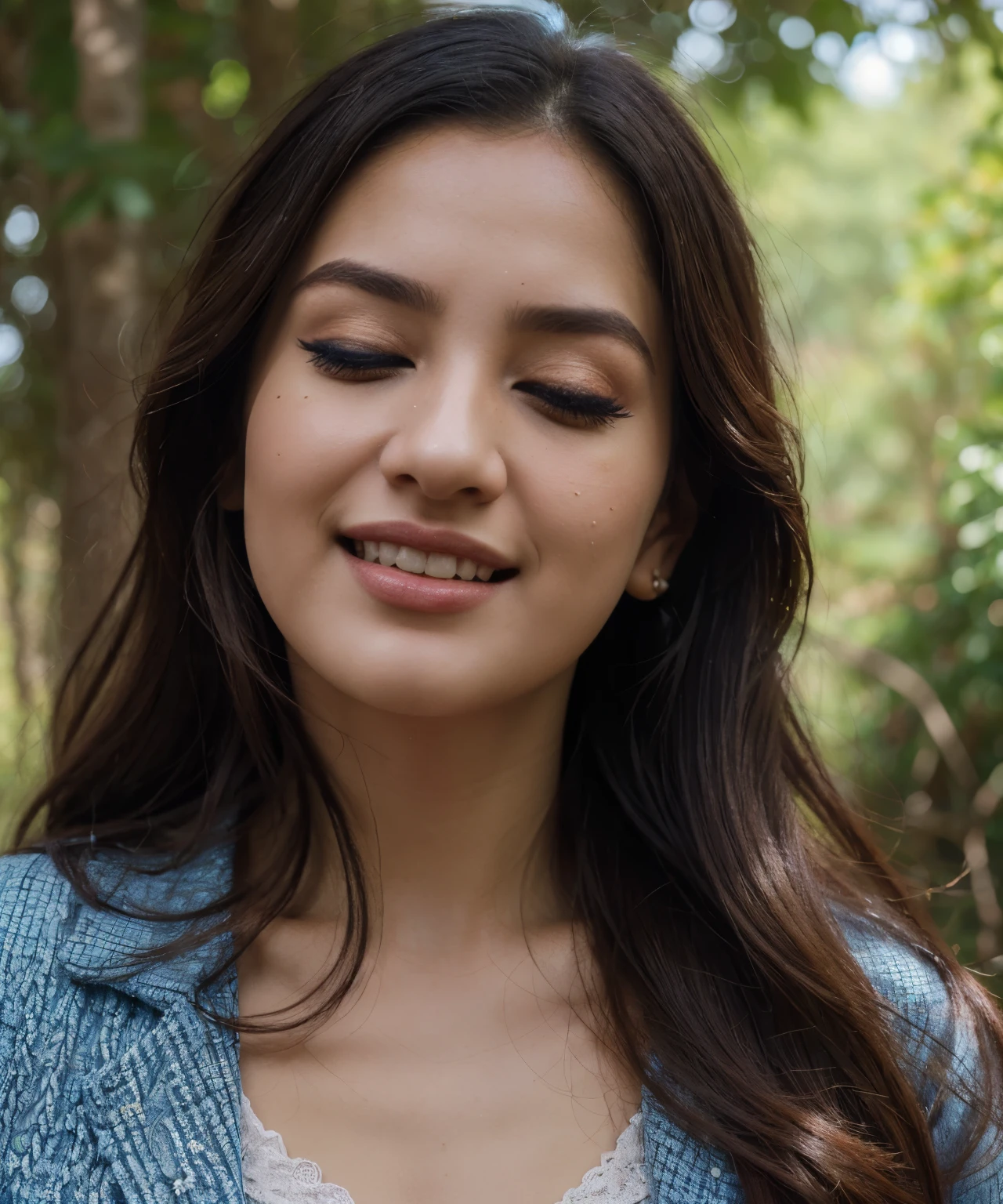 Naza, detailed picture, in front (photorealistic:1.4), best quality, masterpiece, ultra high res, 1girl, (detailed face:1.2), (detailed eyes:1.2), (detailed hair:1.2), (detailed clothes:1.2), 4k, blue sky, cloud, laughing, (makeup:1.2), (closed eyes)
I a forest background, inspired by Shaddy Safadi, dilraba dilmurat, a young asian woman