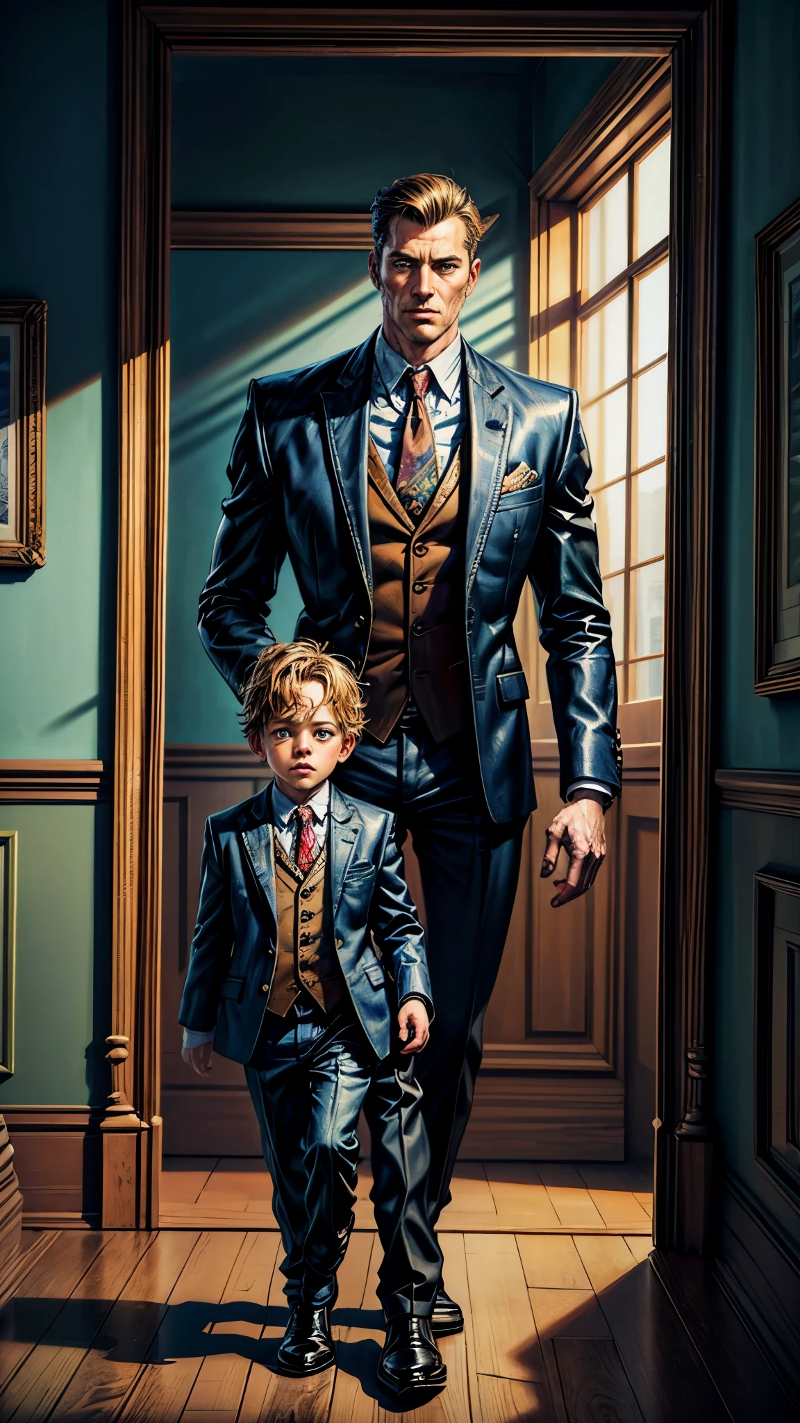 painting of a man and a boy in a suit standing in a room, powerful painting, incredible painting, super realistic painting style, an epic painting of an artist, with a kid, beautiful painting of a tall, extremely high quality artwork, tall and small, detailed painting 4 k, digital art masterpiece, realistic digital art 4 k, realistic digital art 4k
