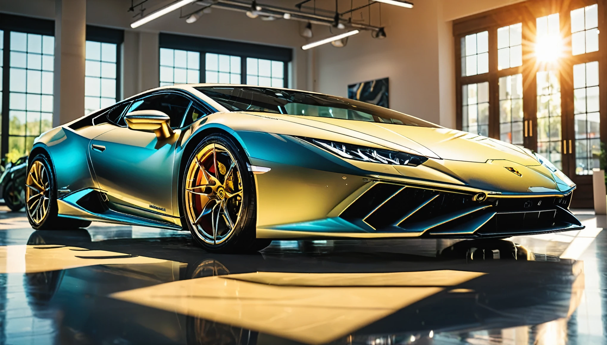Lamborghini huracan car car with sun light in a showroom, multi-layered, rounded, neo-plasticist, ue5