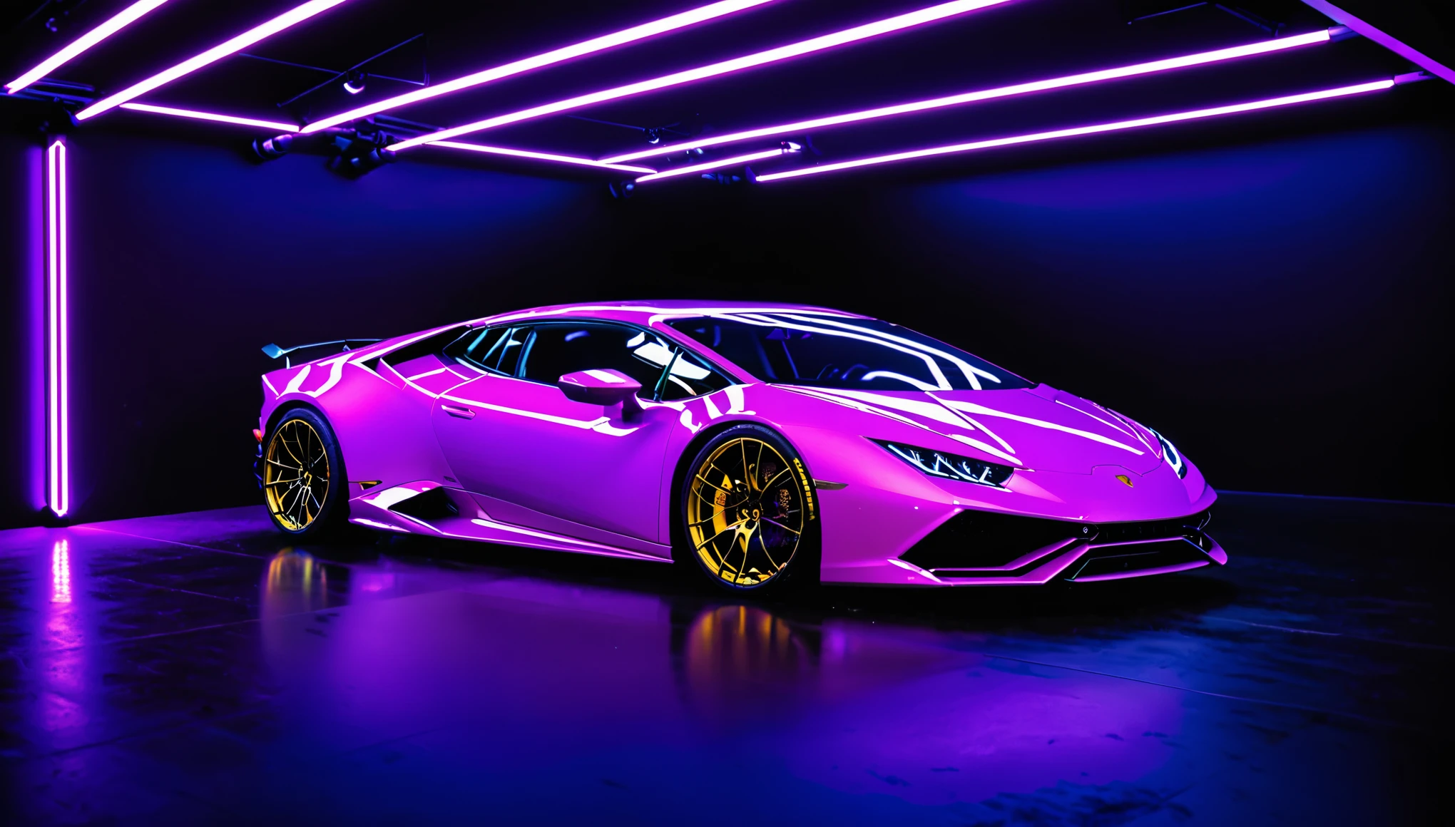 Lamborghini huracan car in a purple led tube lights and black room