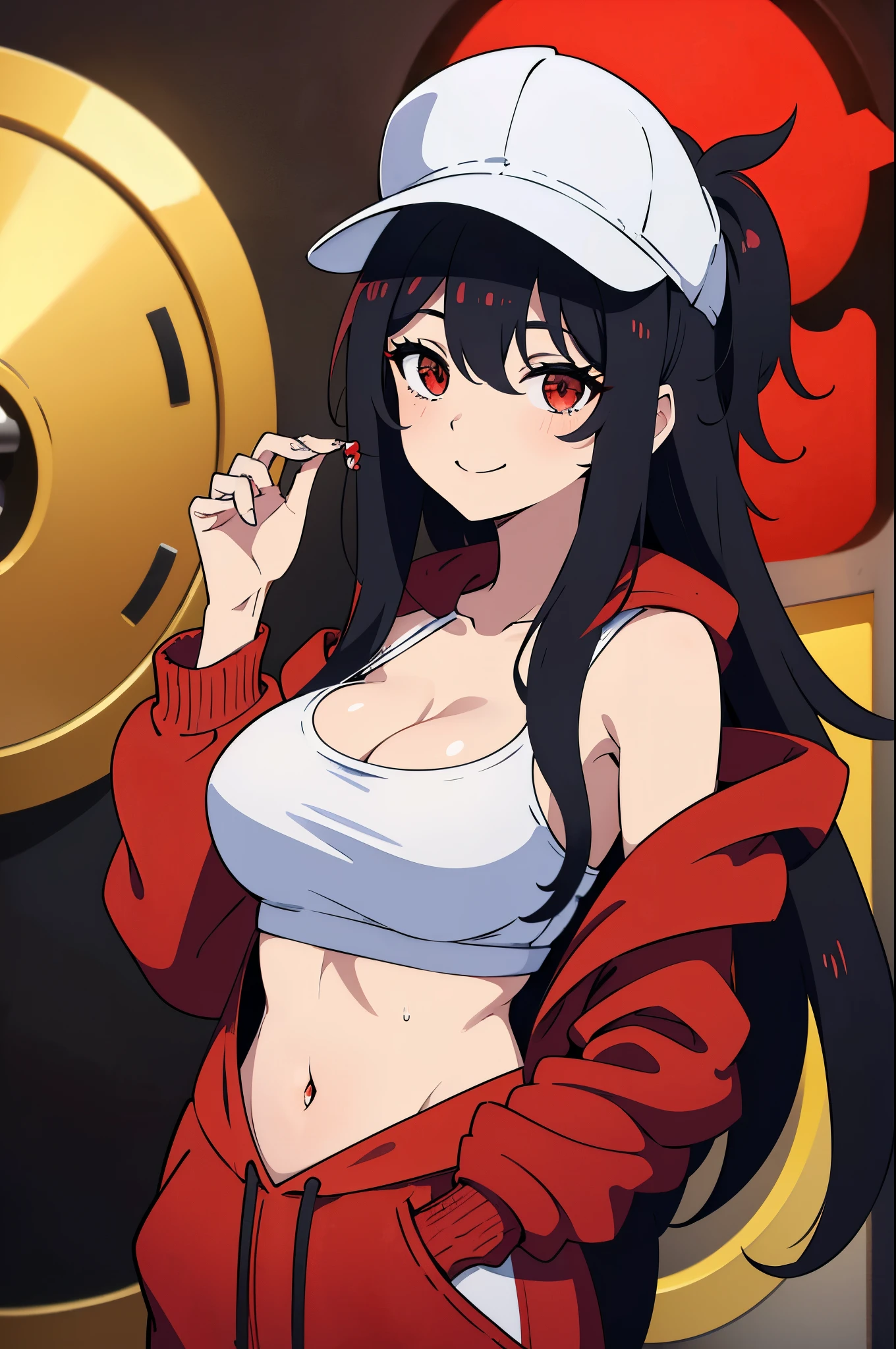 operation quality, superior image quality, masterpiece, 1 girl, with black hair, messy hair, messy hair, (red eyes: 1.2), bangs, looking at viewer, (perfect breasts: 1.2), cleavage, sweat, smile , pierced hair, hair between eyes, red hoodie, big eye, close-up, smile, 8K, black hat ((caps)),