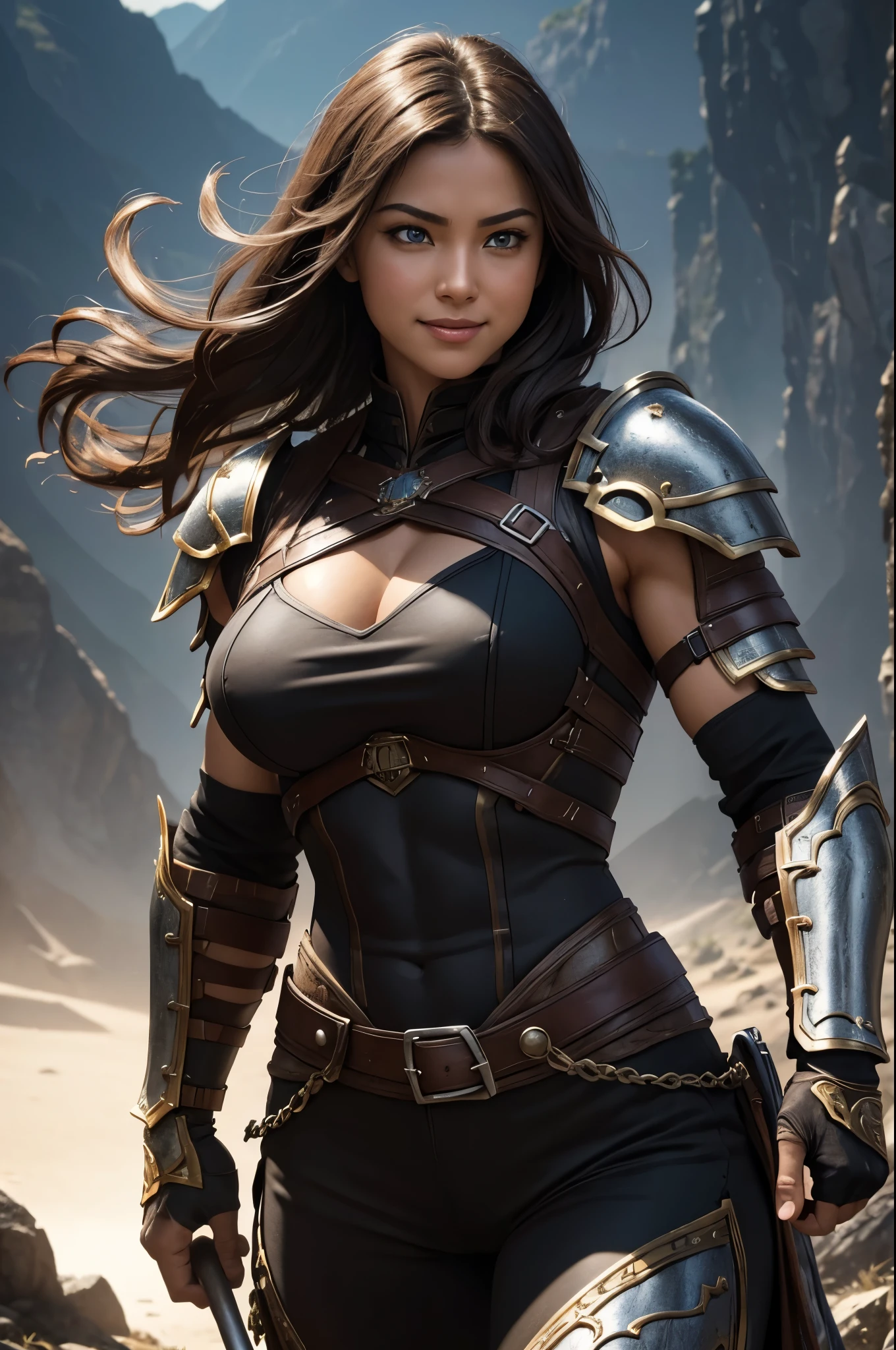 8K,realistic, A very thick muscular female warrior,Woman with fearless features(like the real thing),Sexy black and brown chest armor with very big breasts,Open your mouth wide and laugh cheerfully,very big eyes,blue eyes,medium brown hair,muscular and macho woman,brown short hair,Muscular macho brown and black pants and protective chest armor,intense and strong abdominal muscles,超A high resolution surreal real looking skin Charm,Accurate5Finger hand details carry a big ax, masterpiece,highest qualityのフォトリアリスティックなRAW写真。bright colors,rich colors, Backlight, cinematic lighting, film grain, to be born, 50mm lens, Nikon D850,detailed character art,fantasy art,ultra high resolution,super realistic skin,perfect hand shape,Photoreal Raw photo highest quality;1.4 ,smile,walk on a mountain path.Muscles throughout the body grow,muscle pump up,black and brown shoulder armor,black and brown gauntlets,Muscular armor,black and brown sexy very big chest chest armor,