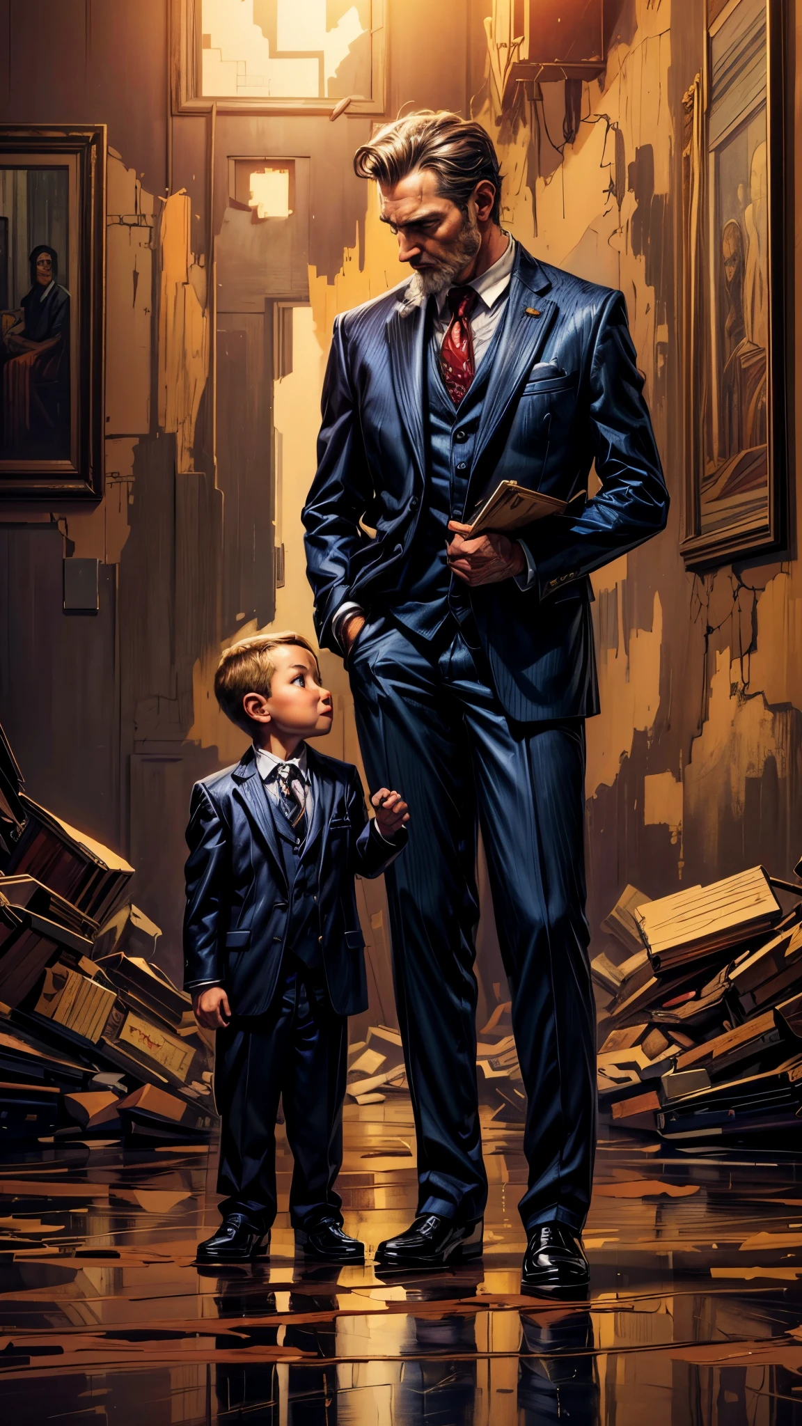 painting of a man and a boy in a suit standing in a room, powerful painting, incredible painting, super realistic painting style, an epic painting of an artist, with a kid, beautiful painting of a tall, extremely high quality artwork, tall and small, detailed painting 4 k, digital art masterpiece, realistic digital art 4 k, realistic digital art 4k