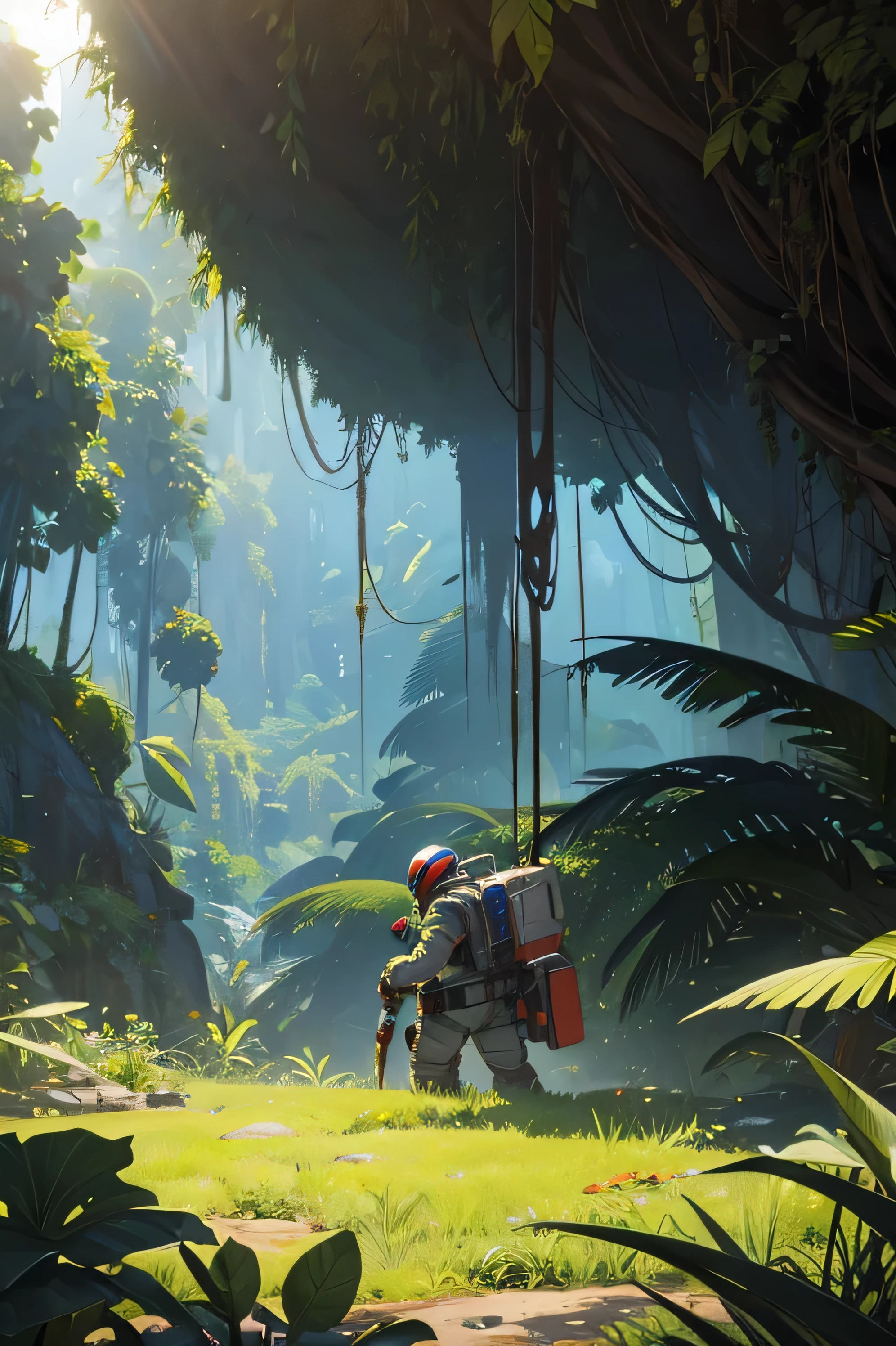 an alien planet with an astronaught exploring the jungle surface