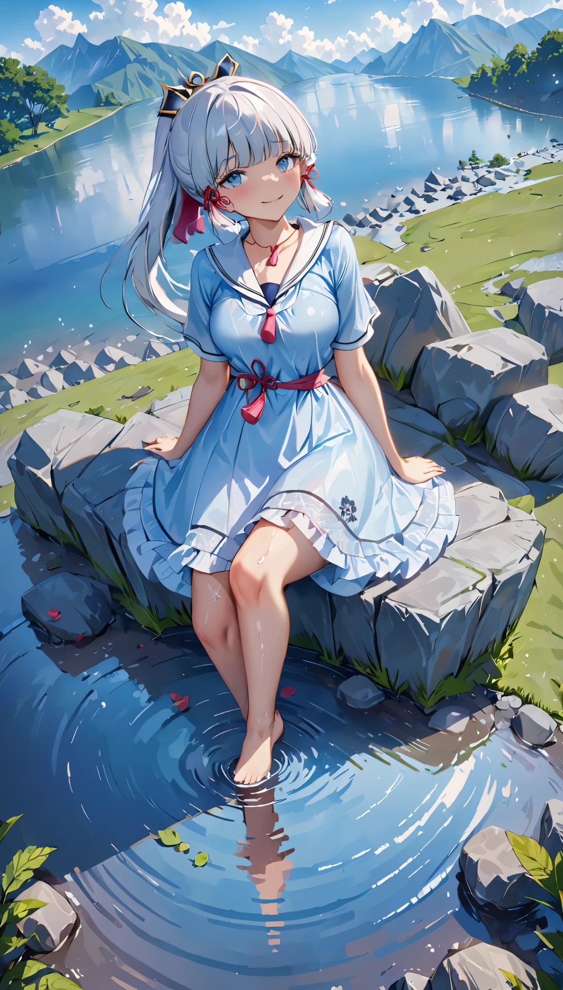 ayaka, Wet, soaking, (Best quality,4K,8K,A high resolution,tmasterpiece:1.2),ultra - detailed,(actual,realistically,realistically:1.37), White hair, huge booolossal title blue eyes, White lace nightdress，in pink，dampness，medium breasts, Sitting on a rock by the lake，facing at the camera， water dripping, glistning skin，Covered in sweat，There is an unknown  on the body，Happy smile, camel toe , school uniform 