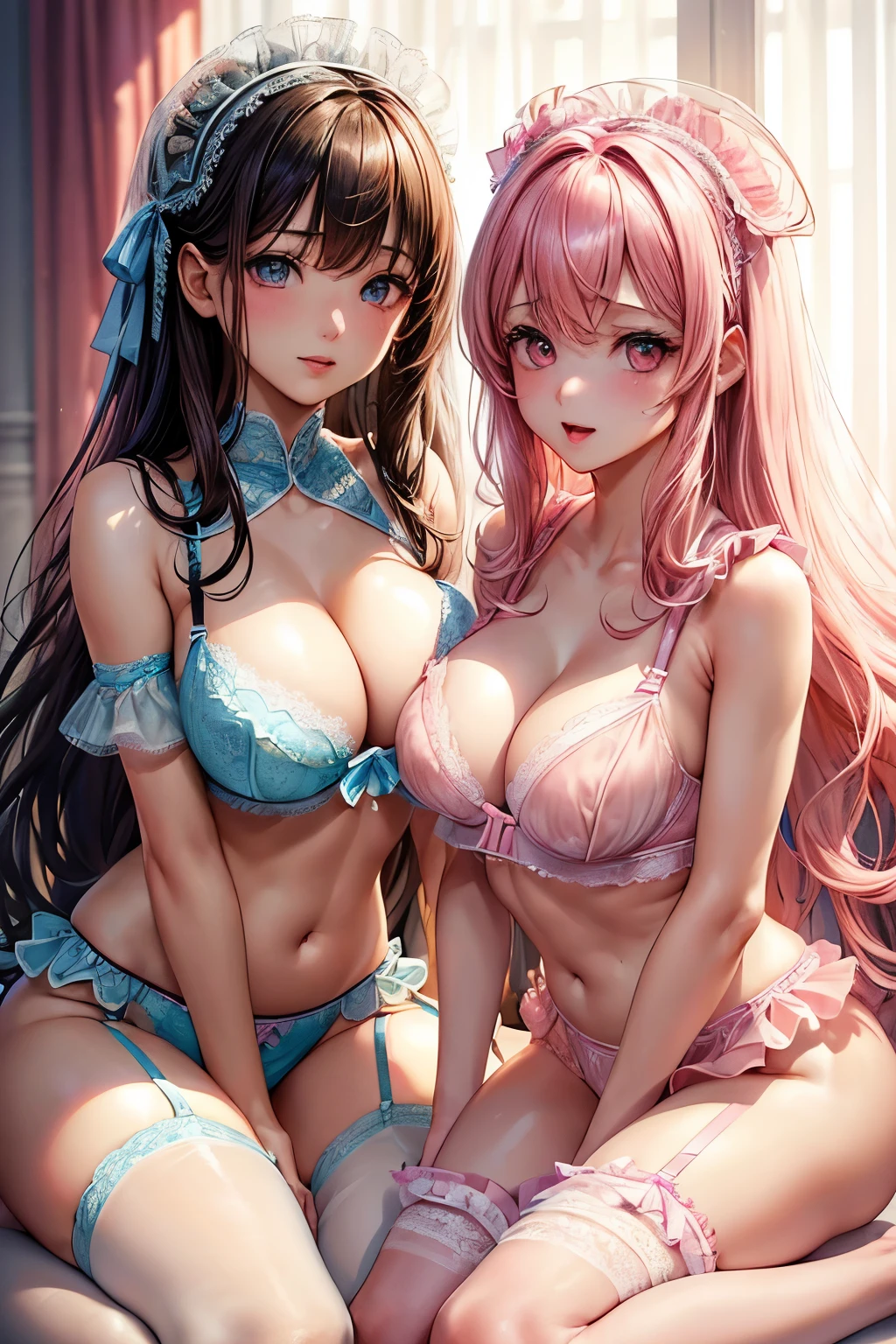 ((2 girls)), ((highest quality)), (super detailed), (very detailed CG 統合 8k 壁紙), very detailed, High-definition RAW color photo, professional photography, ((beautiful big breasts)), ((bare chest)), (pink hair ornament), peanut butter brown hair, wonderful face and eyes, pink eyes, (amazingly beautiful girl), School, (see-through sheer micro bra:1.6), , (Pink sexy lingerie with detailed frills:1.3)、(Light blue sexy lingerie with detailed frills:1.3)、Exquisitely designed luxurious brightly colored ribboned horizontal tie panties、garter belt、camel toe,　erect nipples、kneeling
