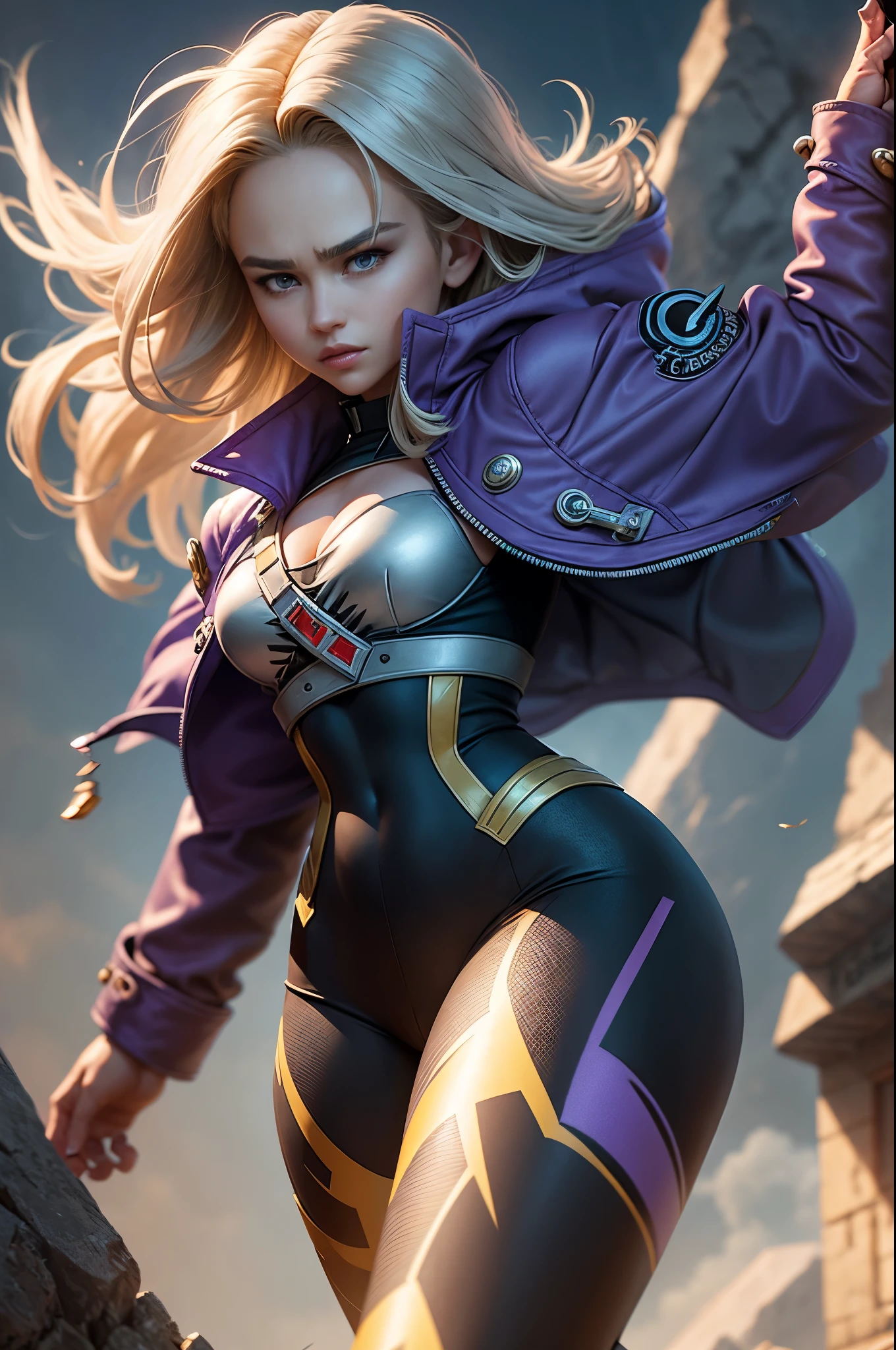 Emilia Clarke stands tall, her hair flowing in the wind as she dons a futuristic jacket inspired by Future Trunks from Dragon Ball Z. The jacket is a sleek combination of metallic silver and deep purple, with intricate designs and patterns etched into the fabric. As she gazes into the distance, her jacket seems to radiate power and strength, a perfect fit for the fierce warrior within her.