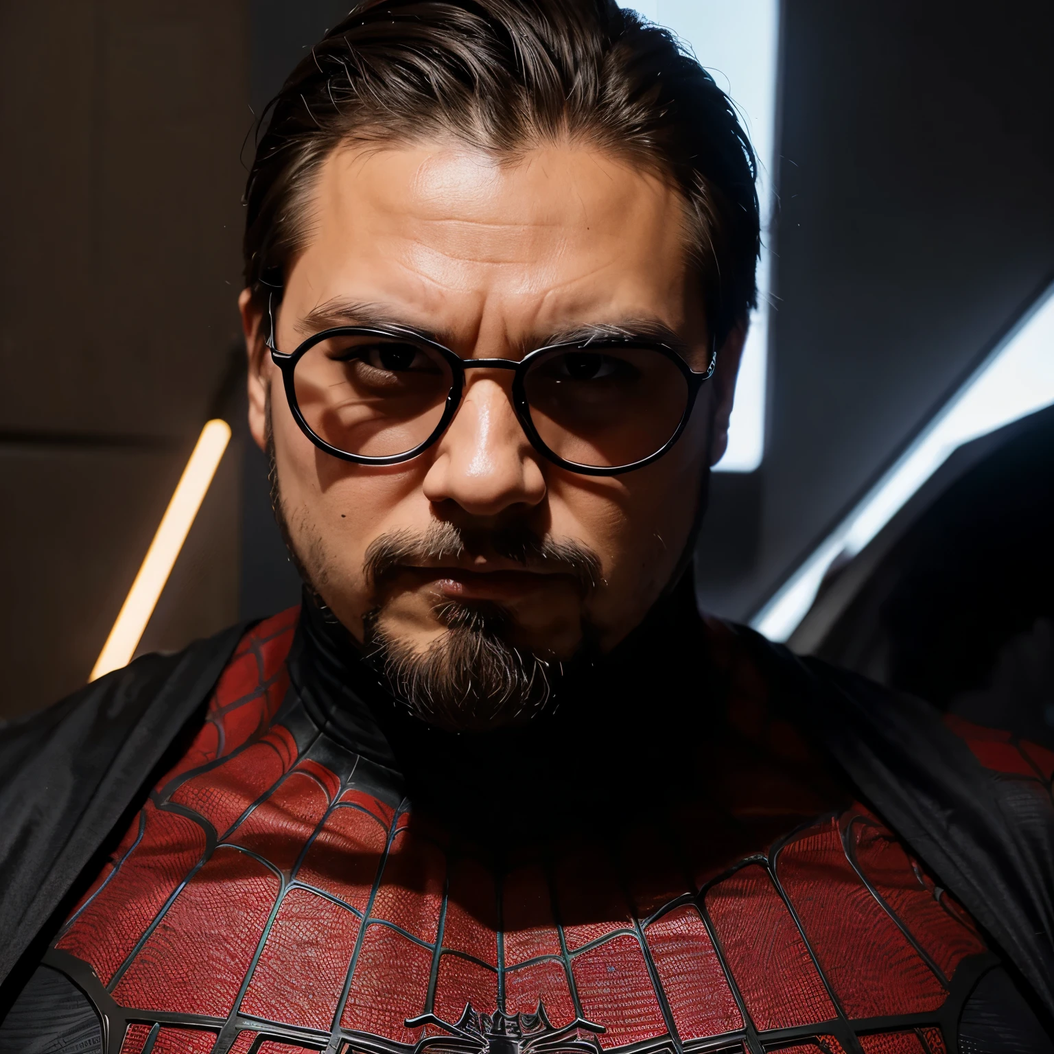 Generate a super hero Spiderman with the following physical characteristics: plump, pearly short, straight hair, round face and short goatee beard, small eyes and wearing black glasses..
