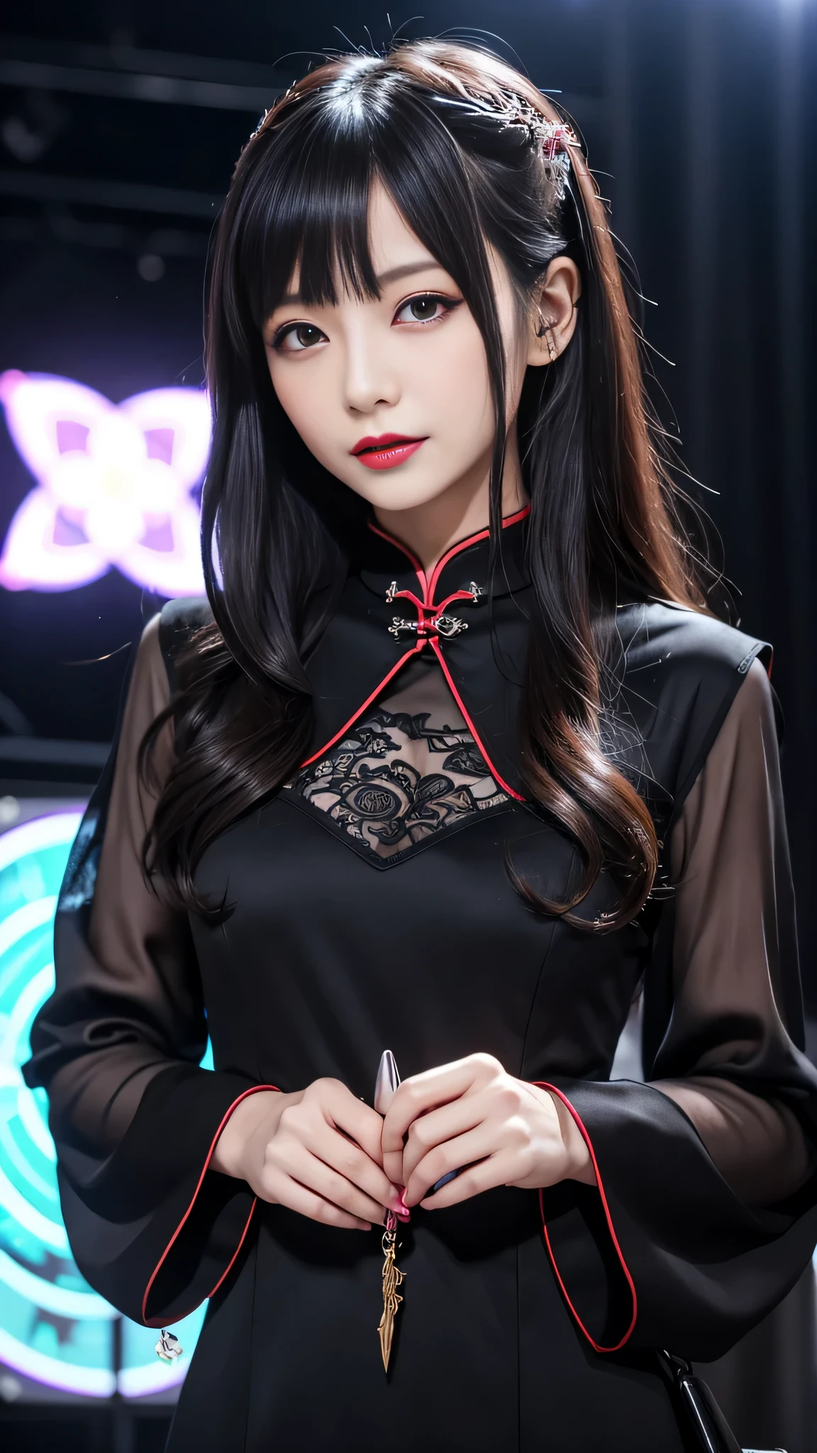 Super detailed、Japanese、charming beauty、seductive adult woman、Beautiful woman、sharp eyes、cool girl、wavy hair、flowing bangs、long black cheongsam、wide sleeve、evilの幹部、evil depravity、brainwashing、Mind control、apply lipstick、grin、evilな表情、evil、empty eyes、evil、stage、vampire、vampire、Hypnosianipulate medicine capsules