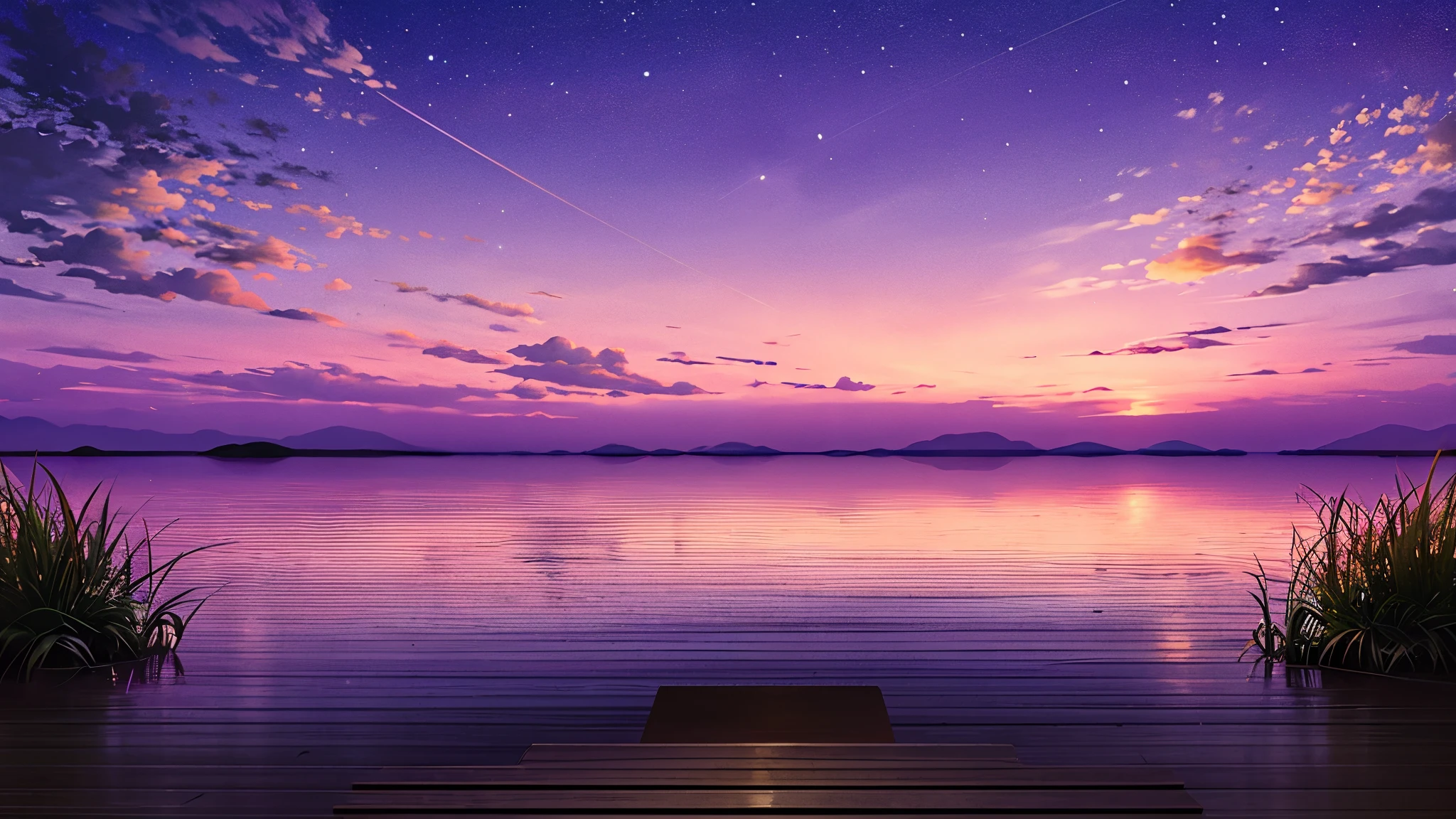 Amidst the serene beauty of a purple morning sky, a realistic purple wallpaper showcases the soothing hue in its full splendor. Nature's canvas is painted with gentle gradations, merging the deep purple tones of twilight with the lighter shades heralding the dawn. The landscape beyond the wallpaper reveals vast expanses of tranquil water mirroring the purplish sky above, while the calm weather invites an air of solace and introspection. The serene stillness is only broken by the occasional gentle breeze, rustling the leaves and delivering a delicate fragrance of blooming flowers. As the sky continues to lighten, the promise of a new day surrender