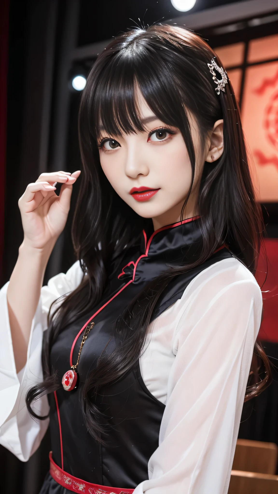 Super detailed、Japanese、charming beauty、seductive adult woman、Beautiful woman、sharp eyes、cool girl、wavy hair、flowing bangs、long black cheongsam、wide sleeve、evilの幹部、evil depravity、brainwashing、Mind control、apply lipstick、grin、evilな表情、evil、empty eyes、evil、stage、vampire、vampire、Hypnosianipulate medicine capsules