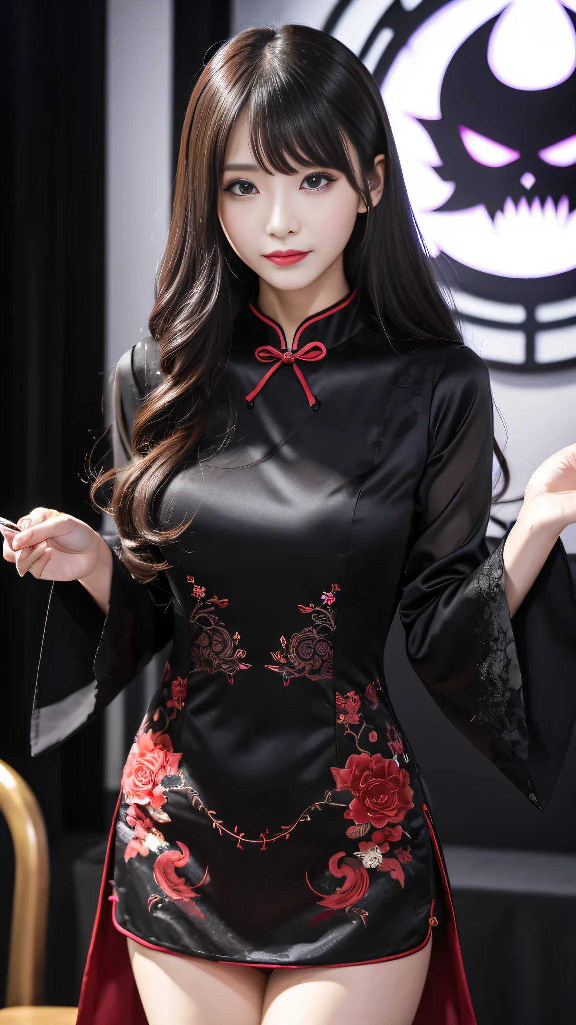 Super detailed、Japanese、charming beauty、seductive adult woman、Beautiful woman、sharp eyes、cool girl、wavy hair、flowing bangs、long black cheongsam、wide sleeve、evilの幹部、evil depravity、brainwashing、Mind control、apply lipstick、grin、evilな表情、evil、empty eyes、evil、stage、vampire、vampire、Hypnosianipulate medicine capsules