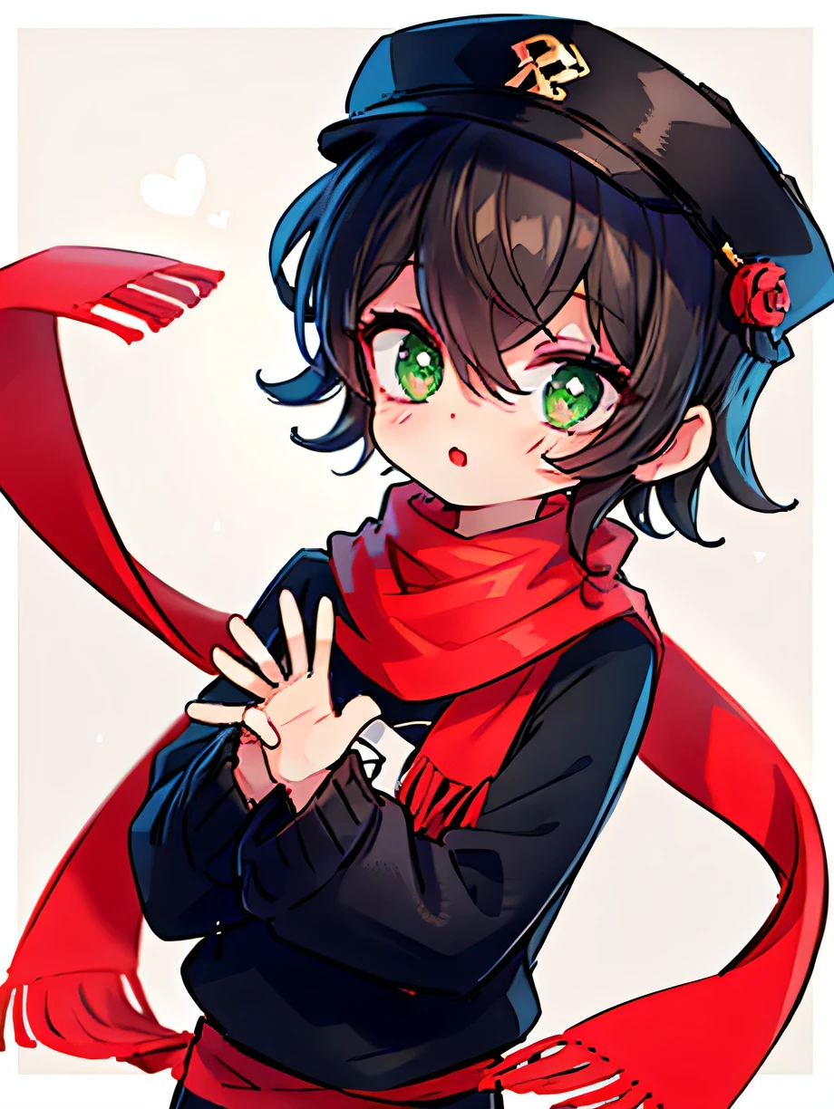 A Boy , green eyes , black hair , black shirt , looking 2d, masterpiece, best quality, anime, highly detailed eyes, highly detailed face, highly detailed background, perfect lighting,  , wearing hat , wearing red scarf