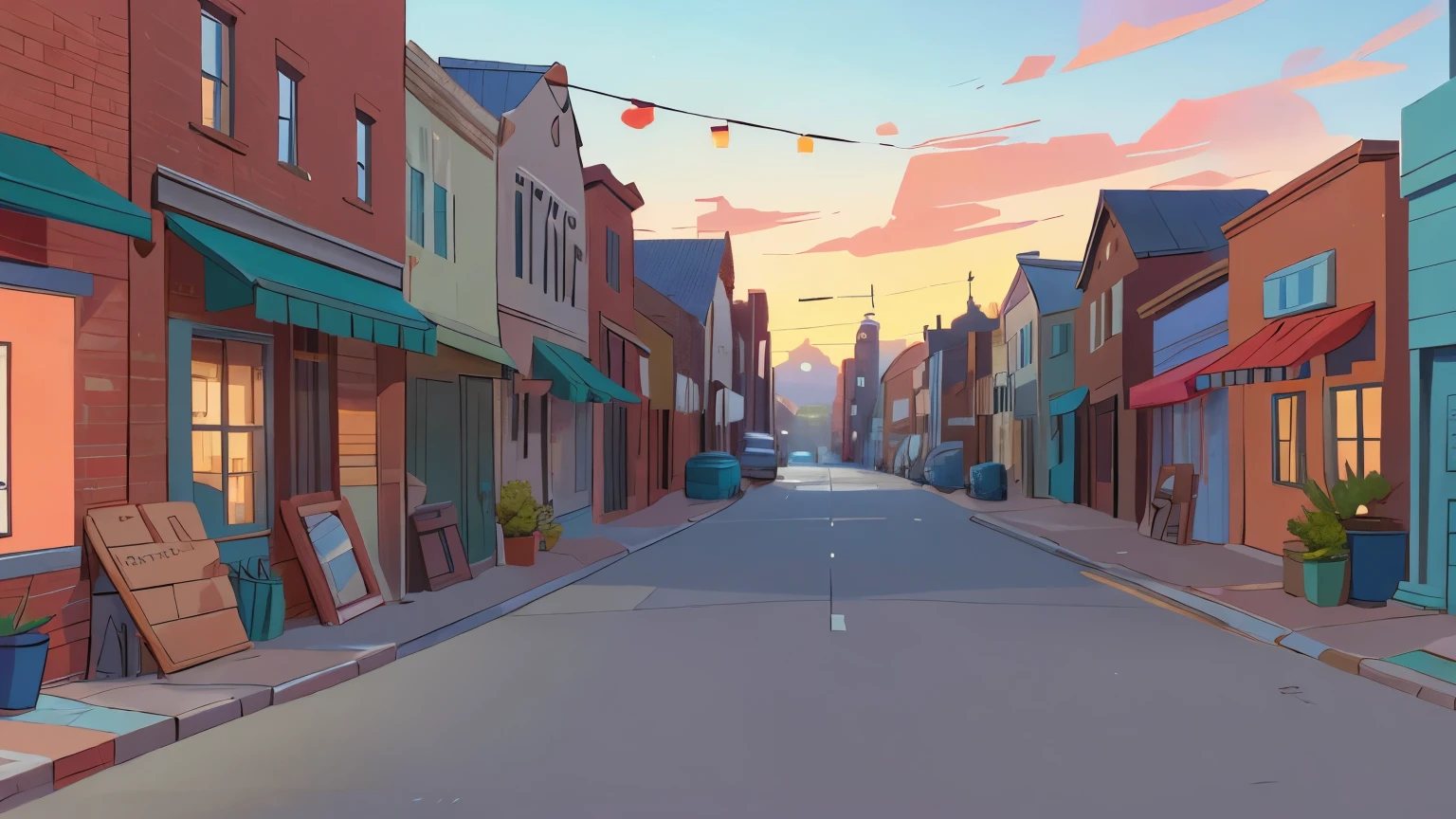 masterpiece, main street on a small american town,, modern buildings brick and cement, no people, no vehicles, no cars