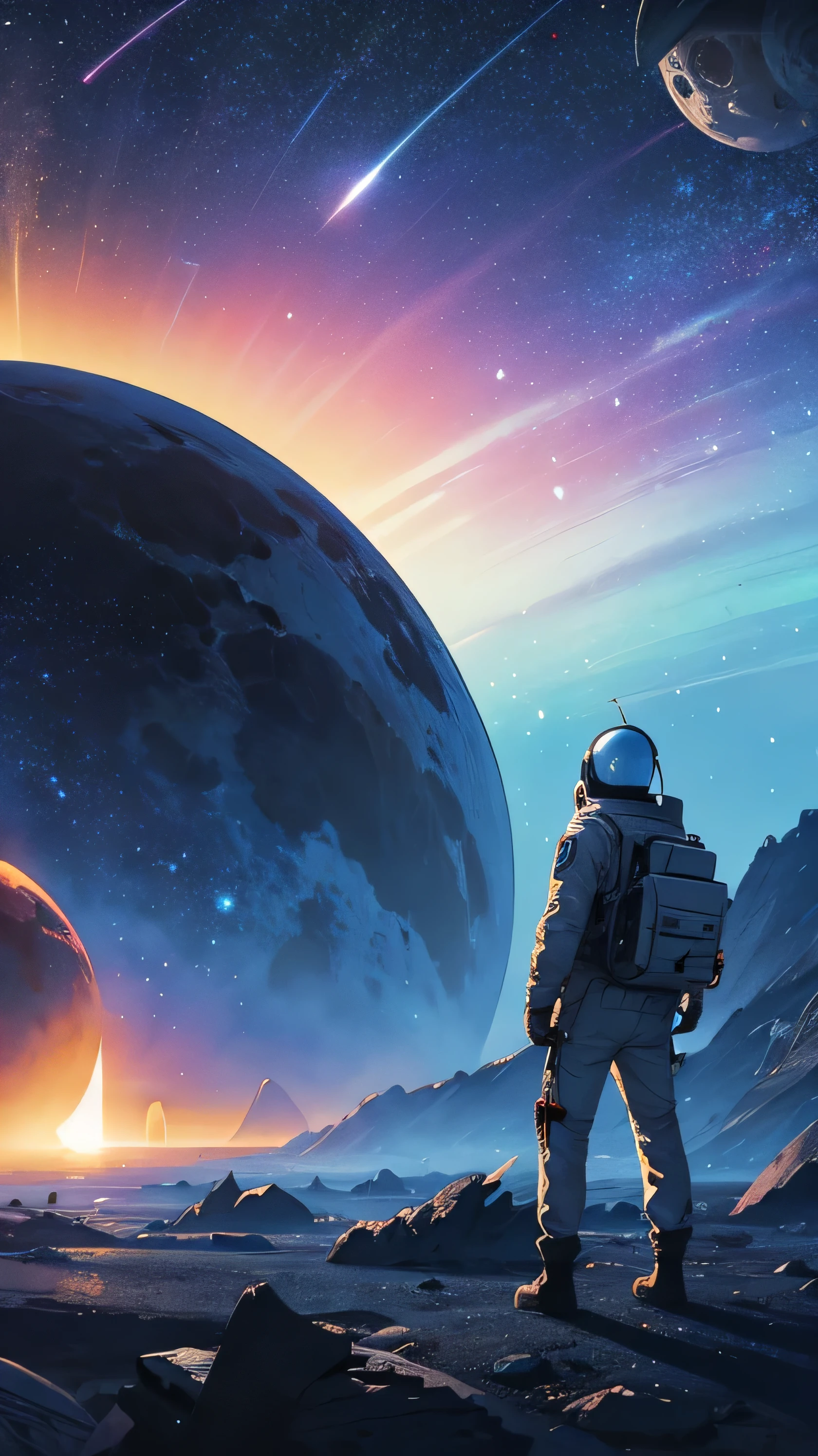 an alien planet with an astronaut exploring the surface with a vibrant galaxy in the sky above