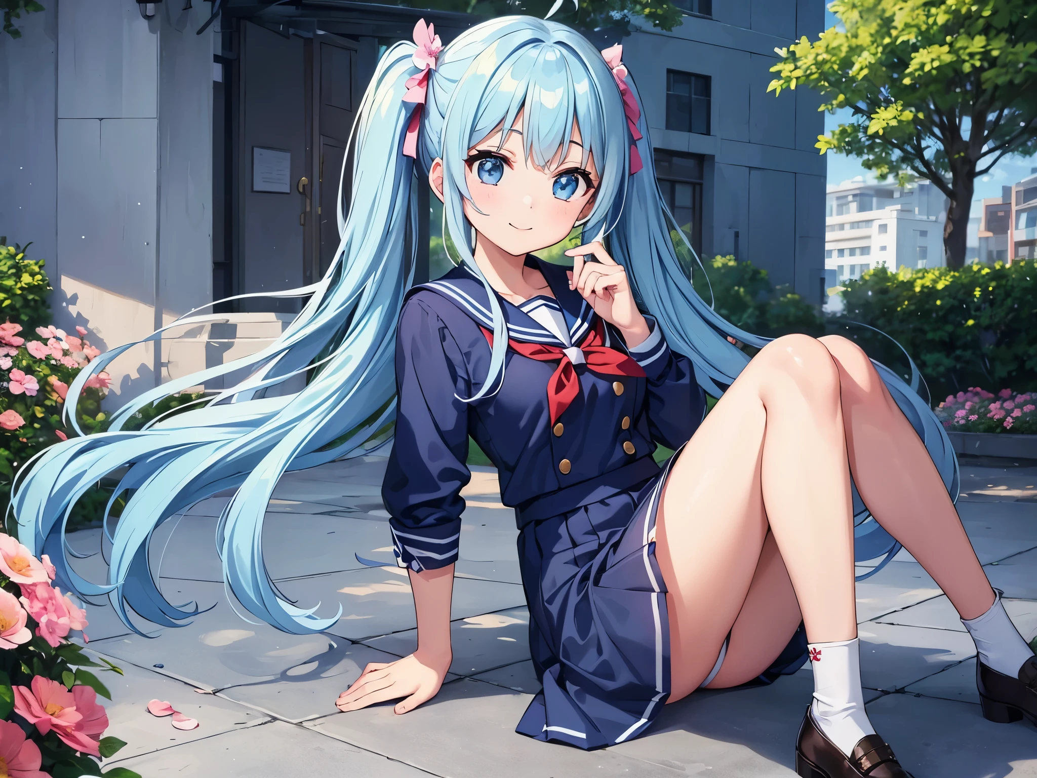 ((highest quality)), light blue long hair Beautiful girl with twin tails In a schoolyard full of flowers、Wearing a navy blue sailor suit,Talking happily with friends、A happy smile(masterpiece),