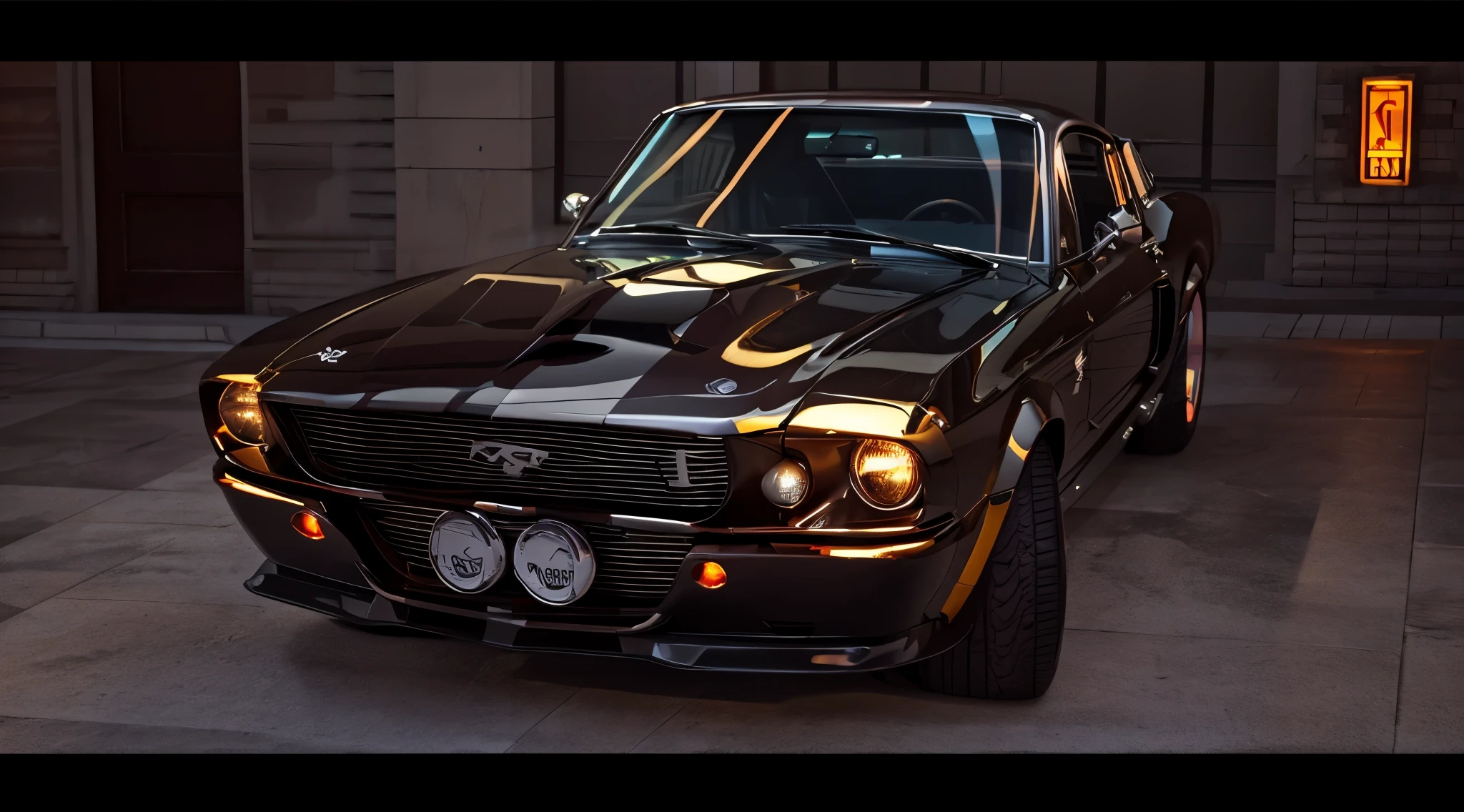 Mustang gt500 1967 precision and high quality　Realistic three-dimensional feel　beautiful background　Parked on the street in front of the marble entrance of a luxury condominium.　beautiful lighting　beautiful street　stylish apartment　(shot from the side:1.3) beautiful night lights　city of temptation