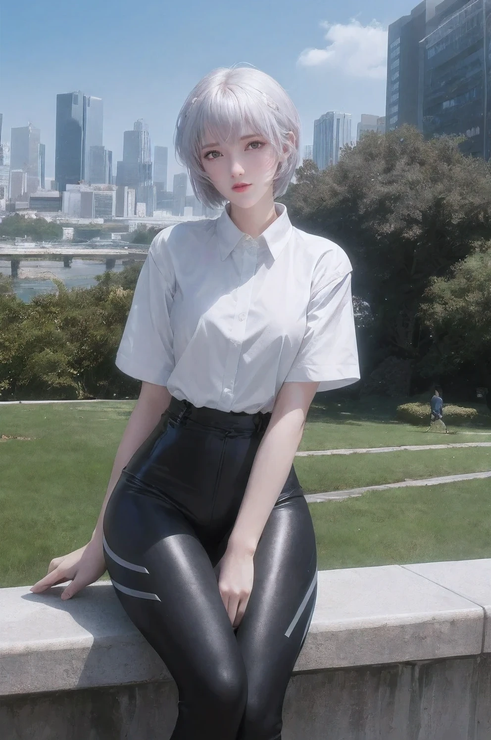 A Masterpiece, best qualityer, 1girl, Ayanamirei, white shirt, black leggings, Seated, wide thighs, looking at viewer, City Park, erotica