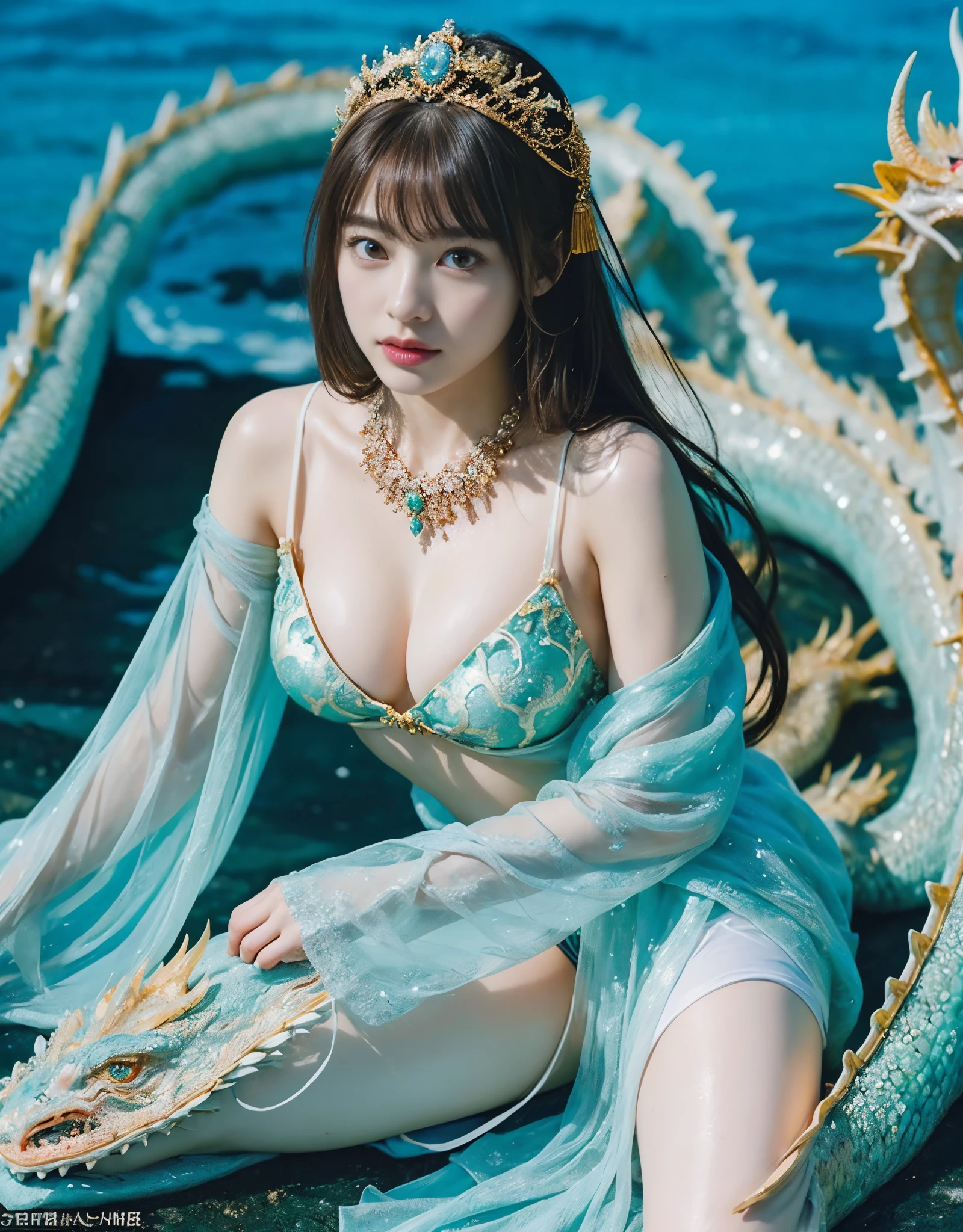 (very heavy chest)、highest quality、masterpiece、ultra high resolution、(water dragon armor)、(((Metal製))),(((big breasts)))、(((white micro bikini))),(she wears a beautiful crown made of precious stones.),(Photoreal:1.4)、RAW photo、1 girl、(((random hair))、(((color々take a pose)))、glowing skin、(((water chinese dragon)))、intricate and gorgeous hair ornaments、(looks like a gorgeous necklace)、(someone who looks at you calmly, Eyes like a goddess.)happiness:1.2).((beautiful sea background))、cliff、(ruins background)、((Ultra realistic details))、portrait、global illumination、(sexy pose)、Shadow、octane rendering、16k、big breasts、Raw skin exposed in the cleavage、Metal、intricate decorative details、Japan details、very intricate details、realistic light、CG Society Trenlow Eyes、Eyes shining towards the camera、(((heavy big))),Shining eyes shine、armpit、24k,