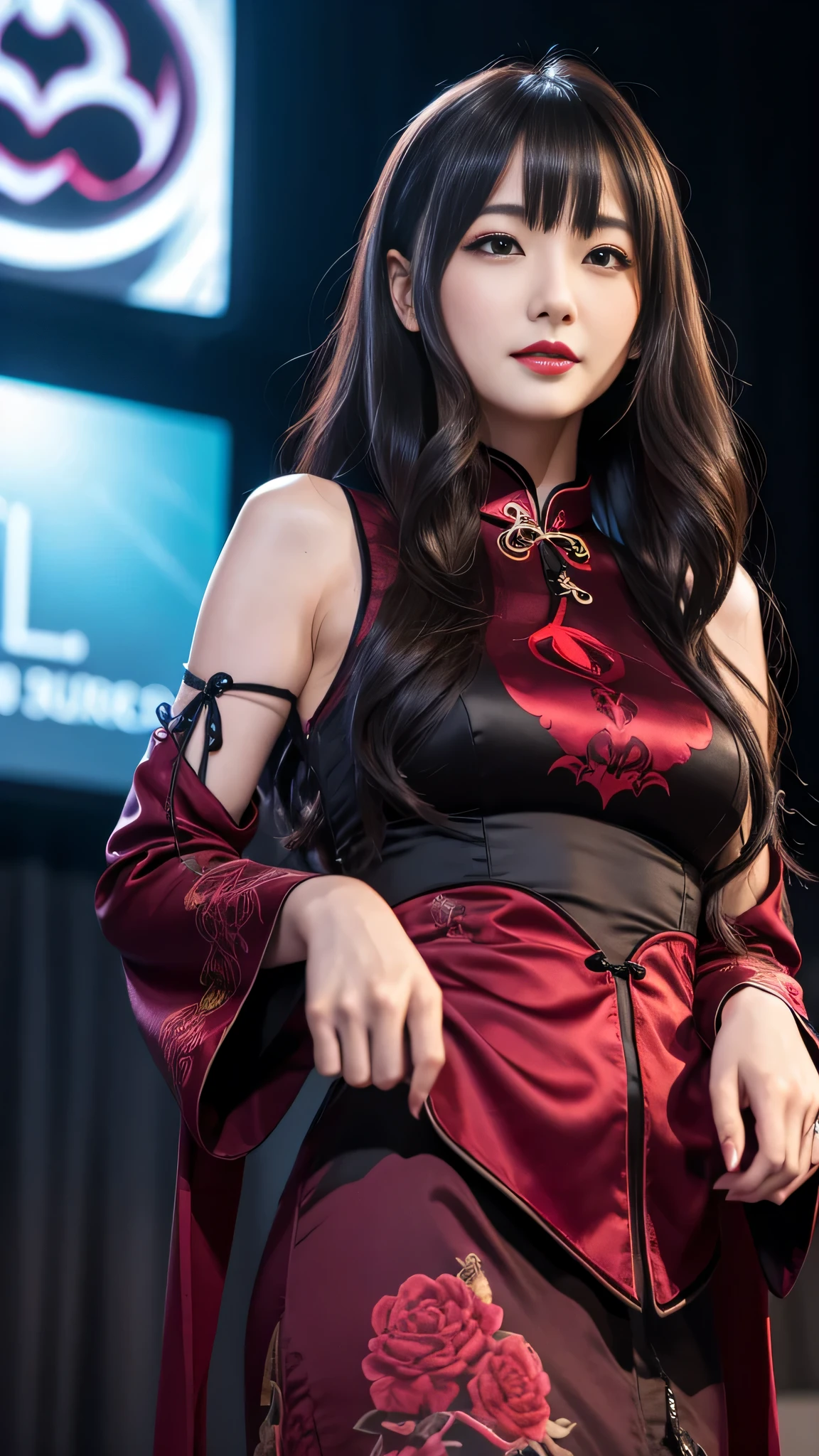 Super detailed、Japanese、charming beauty、seductive adult woman、Beautiful woman、sharp eyes、cool girl、wavy hair、flowing bangs、long black cheongsam、wide sleeve、evilの幹部、evil depravity、brainwashing、Mind control、apply lipstick、grin、evilな表情、evil、empty eyes、evil、stage、vampire、vampire、Hypnosianipulate medicine capsules