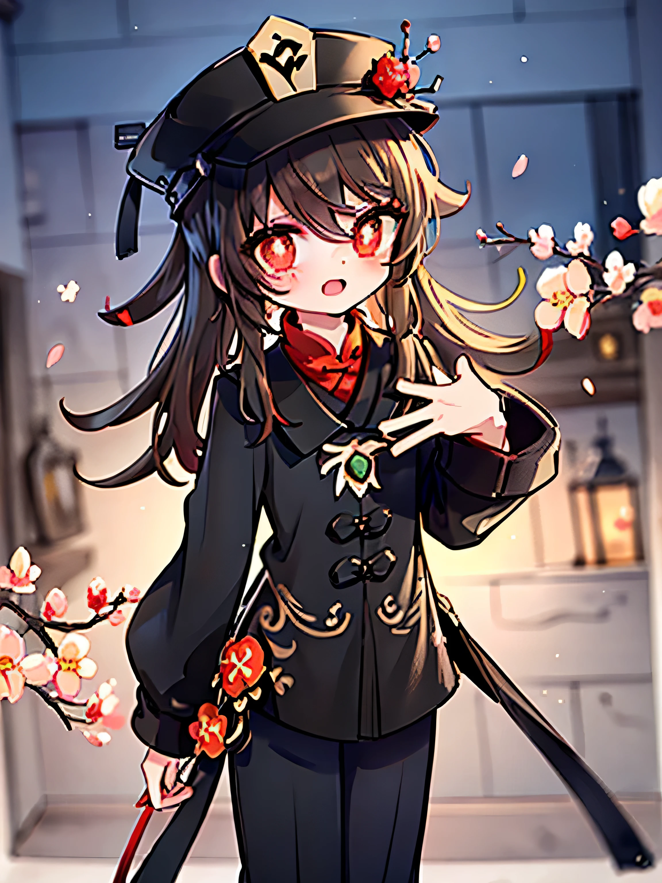 2d, masterpiece, best quality, anime, highly detailed eyes, highly detailed face, highly detailed background, perfect lighting, cowboy shot, feet out of frame, 1girl, solo, standing, hu tao \(genshin impact\), symbol-shaped pupils, flower-shaped pupils, hat, red flower, red eyes, cherry blossoms  , black pants