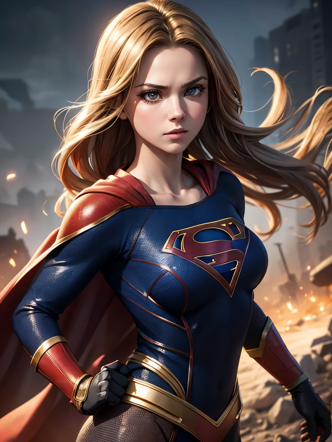 Supergirl, acima da cidade, preparando-se para a batalha, detailed artistic photography, lindo rosto detalhado, sonhadores, brilhoing, retroiluminado, Glamour, brilho, sombras, oil on canvas, pinceladas, Macio, ULTRA HIGH DEFINITION, 8K, Motor irreal 5, Ultra Sharp Focus, artegerm, lazy, SF, intricado art masterpiece, threatening, matte paint movie poster, golden ratio, trends in cg society, intricado, epic, altamente detalhado, vibrante, production of rendering of cinematic characters, modelo de qualidade ultra alta