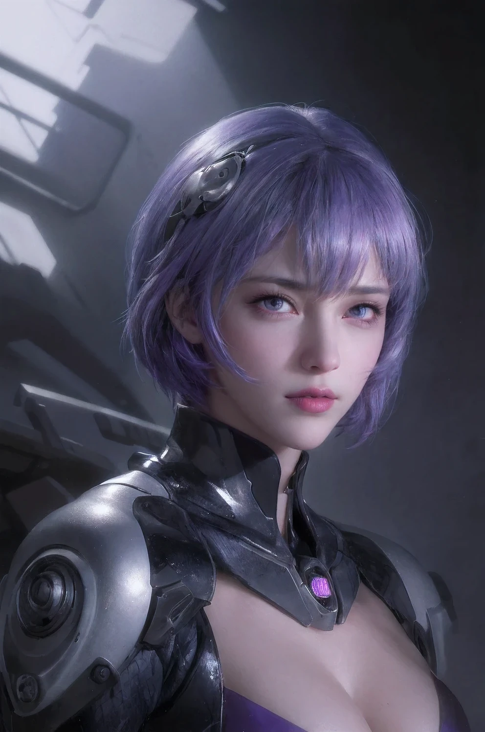 (best quality,4k,8k,highres,masterpiece:1.2),ultra-detailed,(realistic,photorealistic,photo-realistic:1.37),rei ayanami,adult version,30 years old,evangelion body suit,dark,long purple hair,beautiful detailed eyes,beautiful detailed lips,extremely detailed eyes and face,long eyelashes,serious expression,futuristic city backdrop,neon lights,blue and purple color palette,portraits,studio lighting,vivid colors