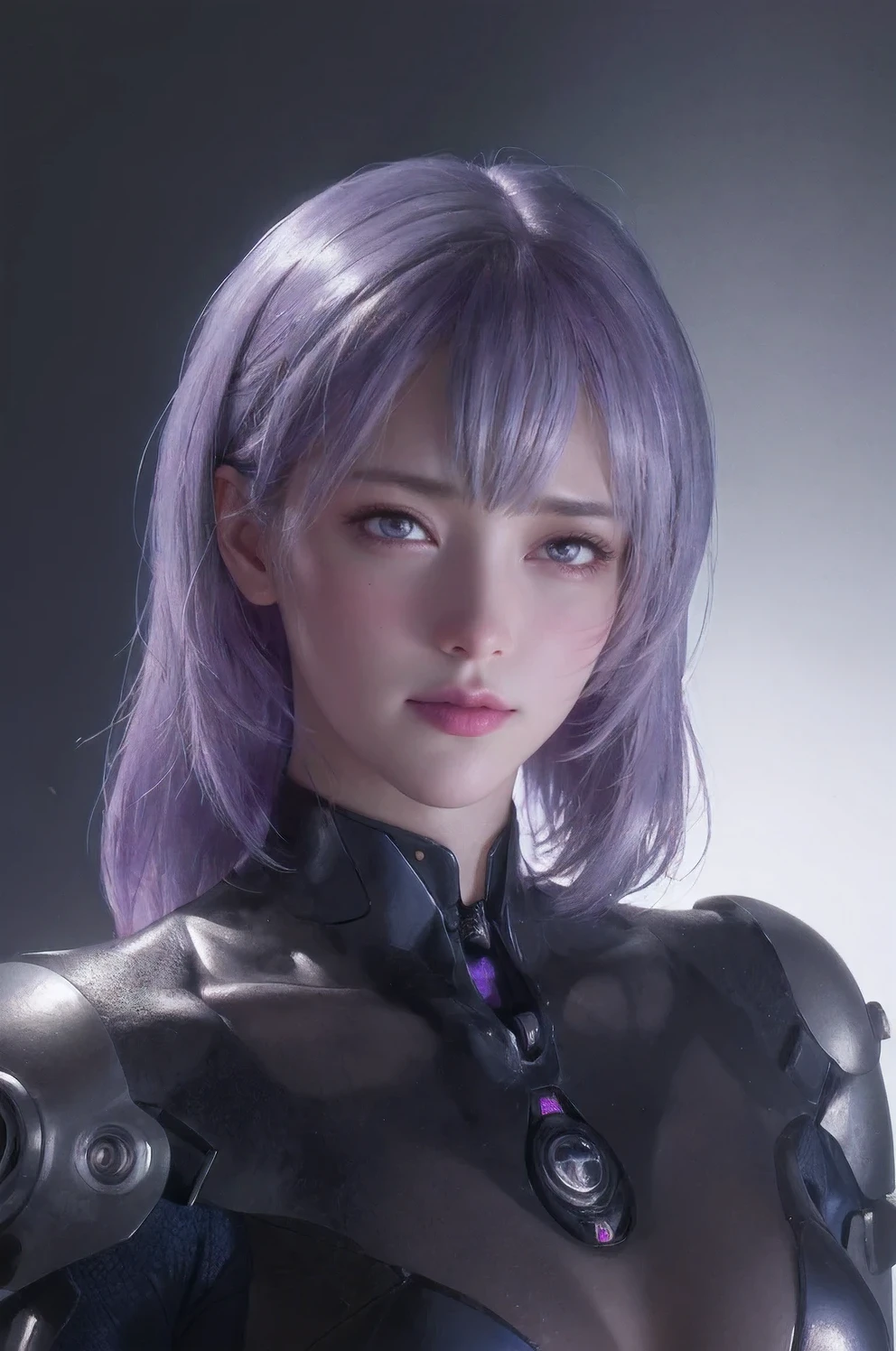 (best quality,4k,8k,highres,masterpiece:1.2),ultra-detailed,(realistic,photorealistic,photo-realistic:1.37),rei ayanami,adult version,30 years old,evangelion body suit,dark,long purple hair,beautiful detailed eyes,beautiful detailed lips,extremely detailed eyes and face,long eyelashes,serious expression,futuristic city backdrop,neon lights,blue and purple color palette,portraits,studio lighting,vivid colors